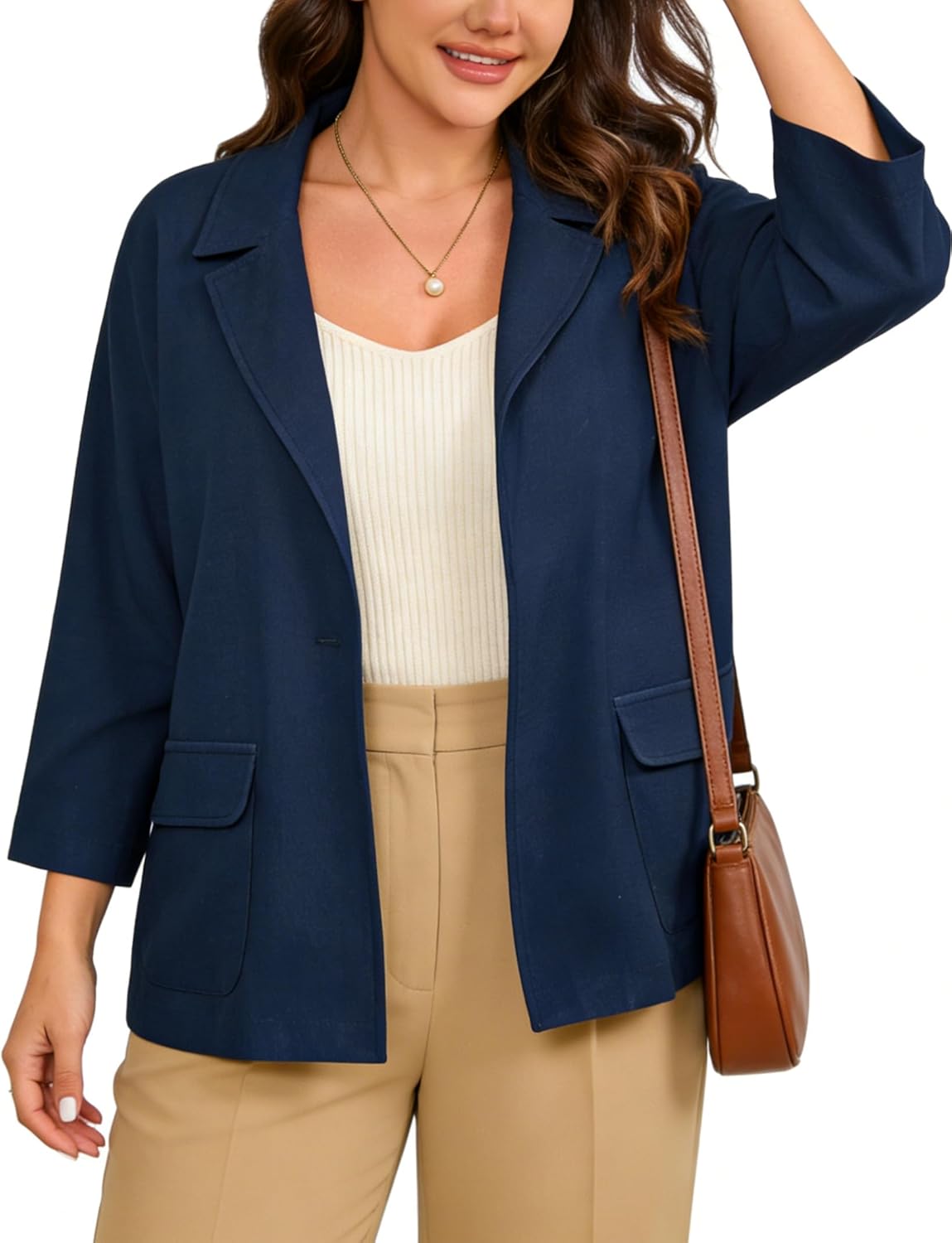 Plus Size Women's Open Front Blazer - Peaked Lapel 3/4 Sleeve Side Pockets Jacket for Work and Casual