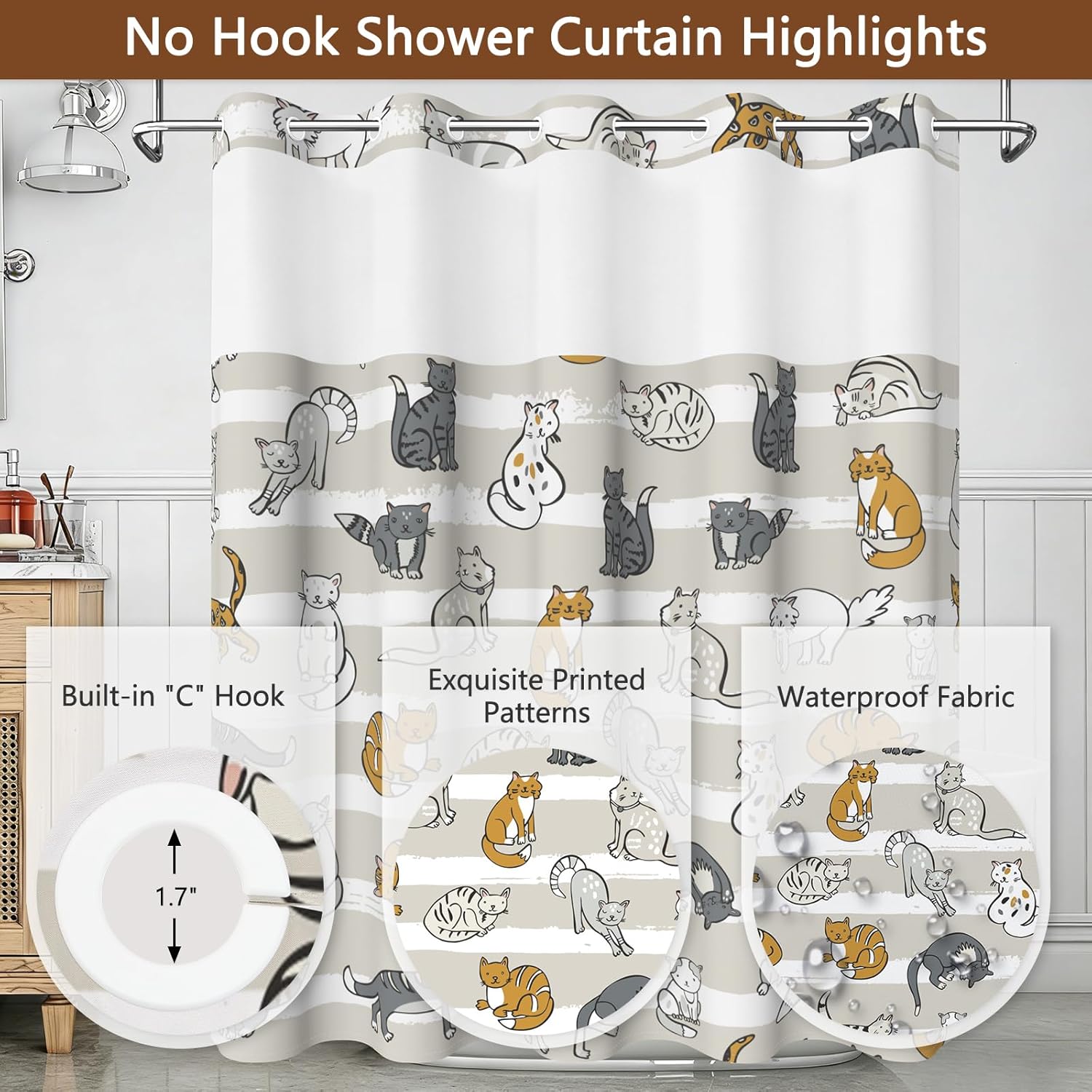 No Hook Shower Curtain and Liner Set, Cute Cat Design Shower Curtains for Bathroom, Double Layers Waterproof Fabric Farmhouse Shower Curtains with Sheer Top Window and Weighted Hem, 71x74 Inches