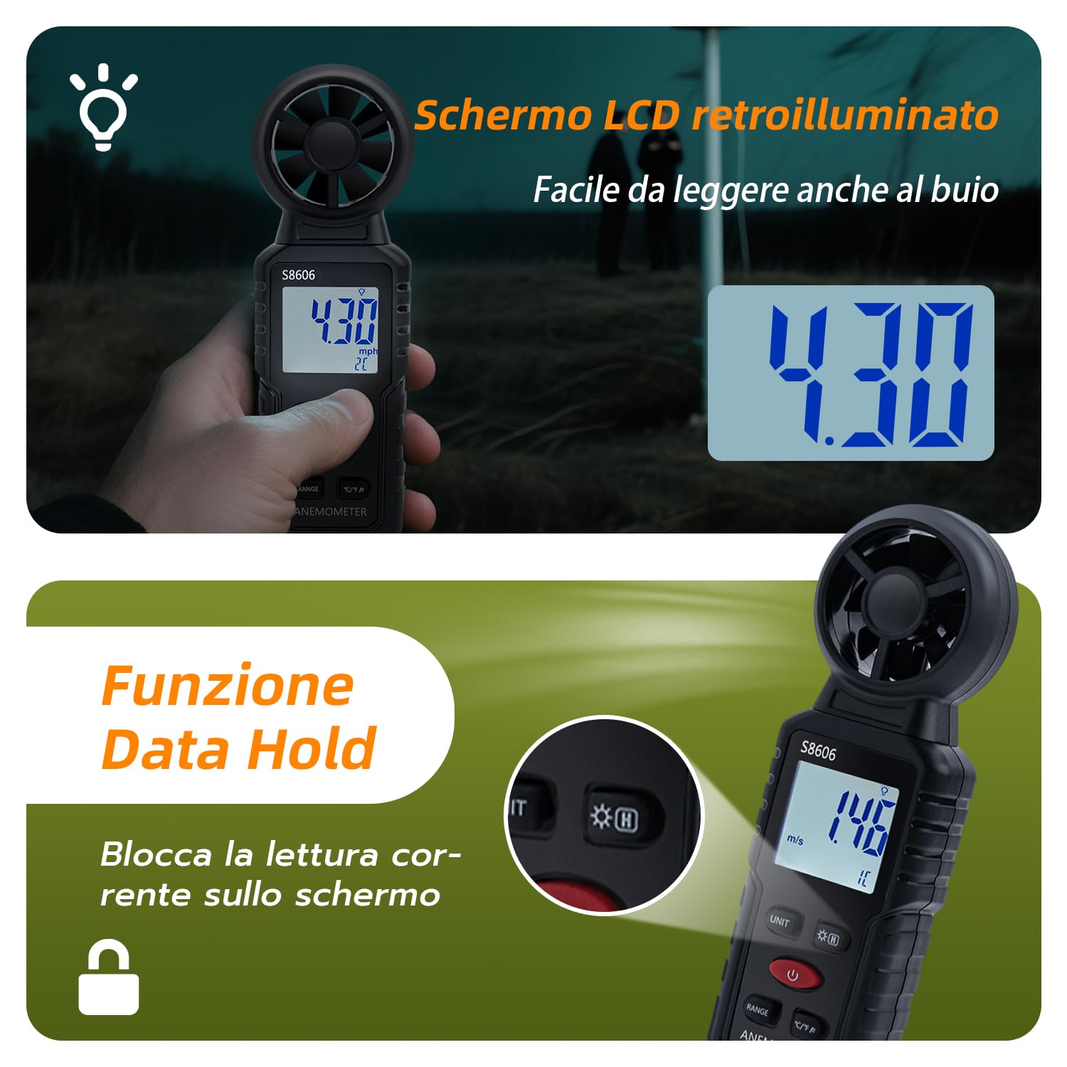 Anemometro Portatile 3 in 1 Misuratore di Velocità del Vento per Esterni Nela Surf Volo