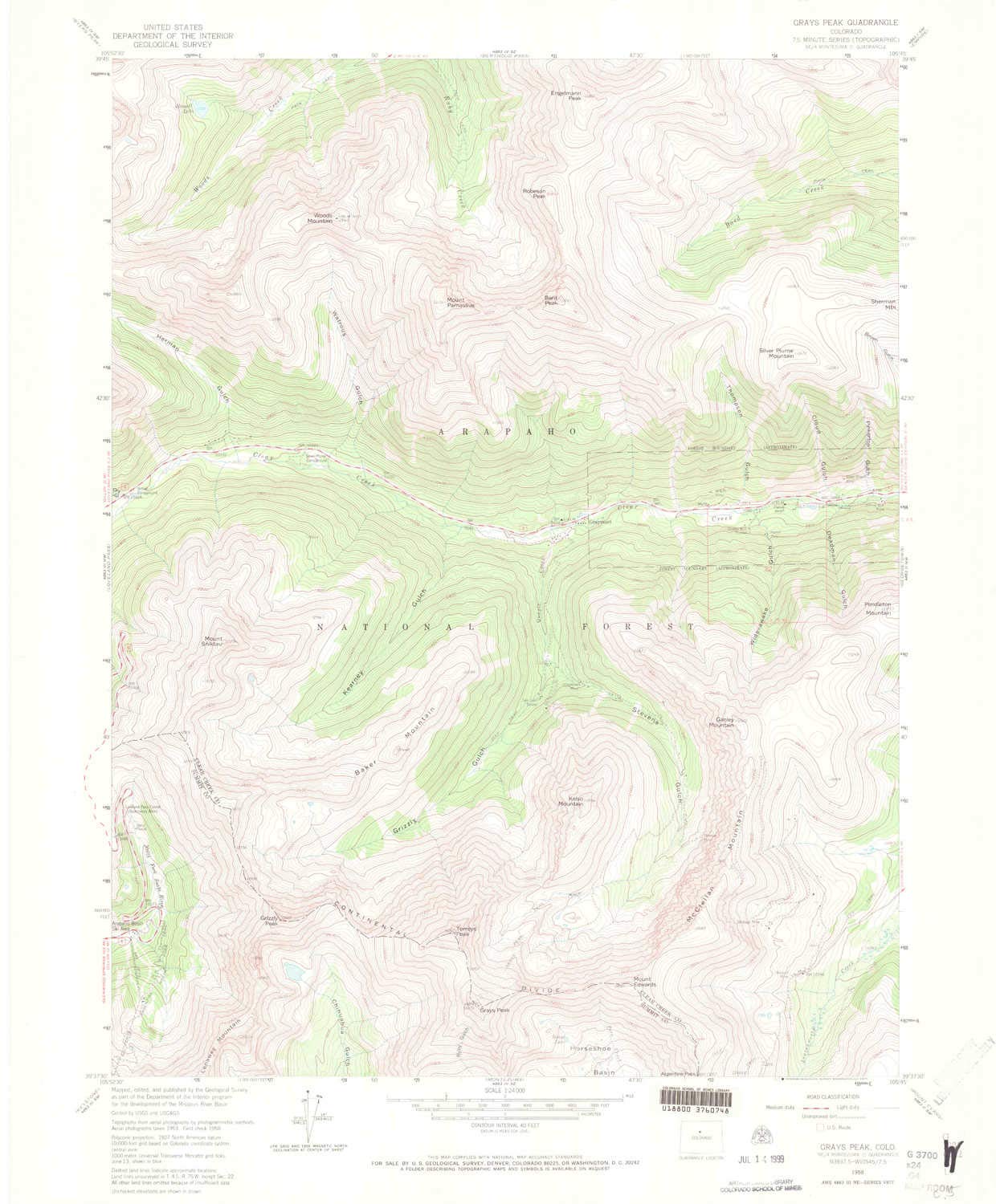 YellowMaps Grays Peak CO topo map, 1:24000 Scale, 7.5 X 7.5 Minute, Historical, 1958, Updated 1971, 26.9 x 22.3 in - Tyvek
