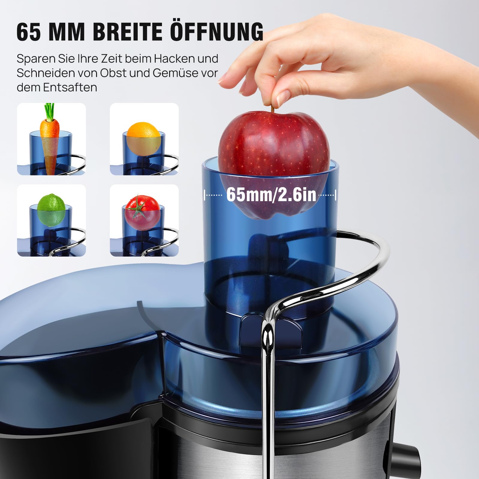 400W Entsafter, 500ml Große Saftauslauf mit Einfüllschacht, Leise und Easy-Clean, BPA-Frei für Obst und Gemüse, Silber