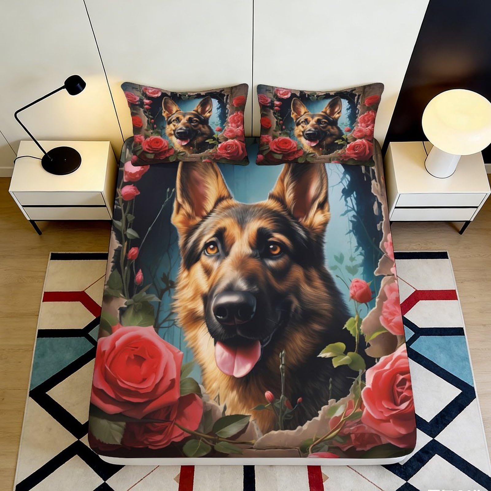 3D Printed German Shepherd Rose Fitted Sheet Microfiber Deep Pocket Bedroom Bedding Dog Rose Mattress Fitted Cover Washable 180x200x25cm
