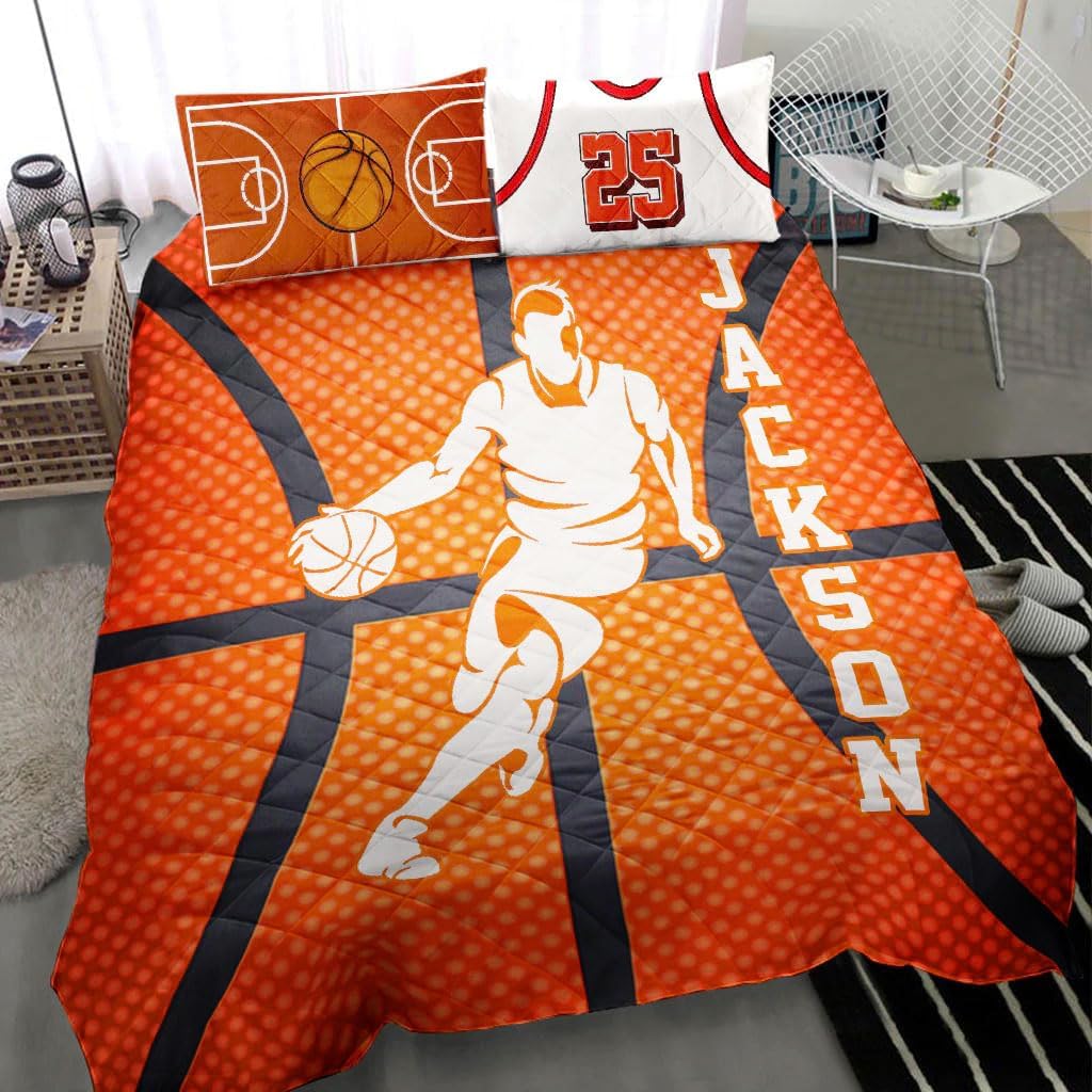 Personalized Basketball Quilt Set, Basketball Boy Running Orange Quilt Blanket with Pillowcases, Custom Name and Number Quilt Bedding Set MLANH3447