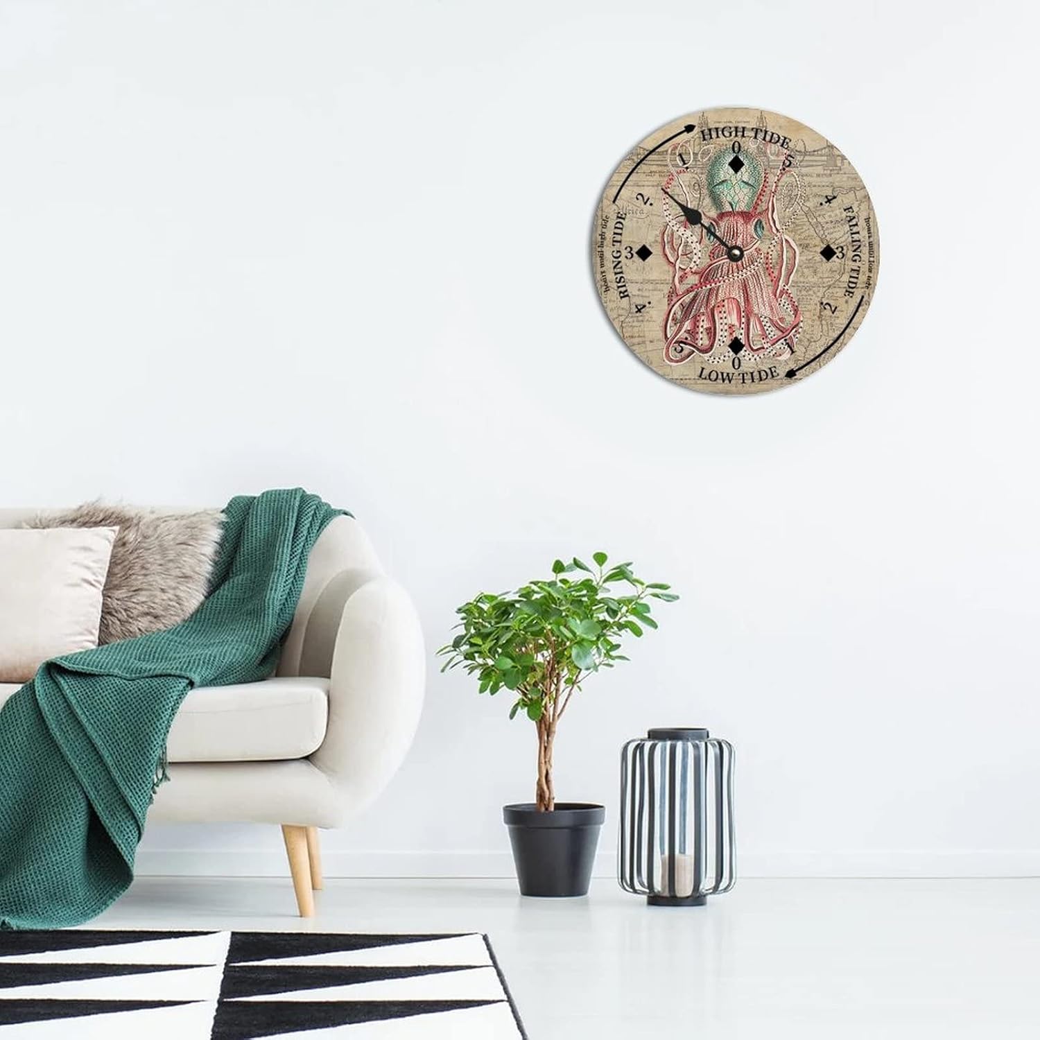 Rustic Wood Tide Clock Retro Ocean Octopus Tidal Clock Moon Clock Silent Non-Ticking Battery Operated Wooden Wall Clock for Living Room Bedroom Cottage Beach Boat Home Decor 12 Inch
