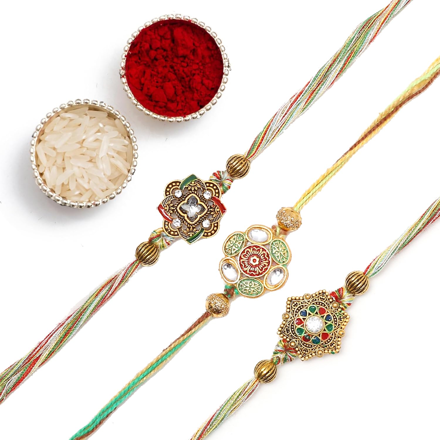 The Purple Tree Mens Handmade Kundan Rakhis For Brother With Roli Chawal And Card (Pack Of 3) Rakhi For Bhai, Rakshabandhan Gift For Brother, Rakhi Gift (B0D4ZG4PBD) Amazon Price History, Amazon Price Tracker