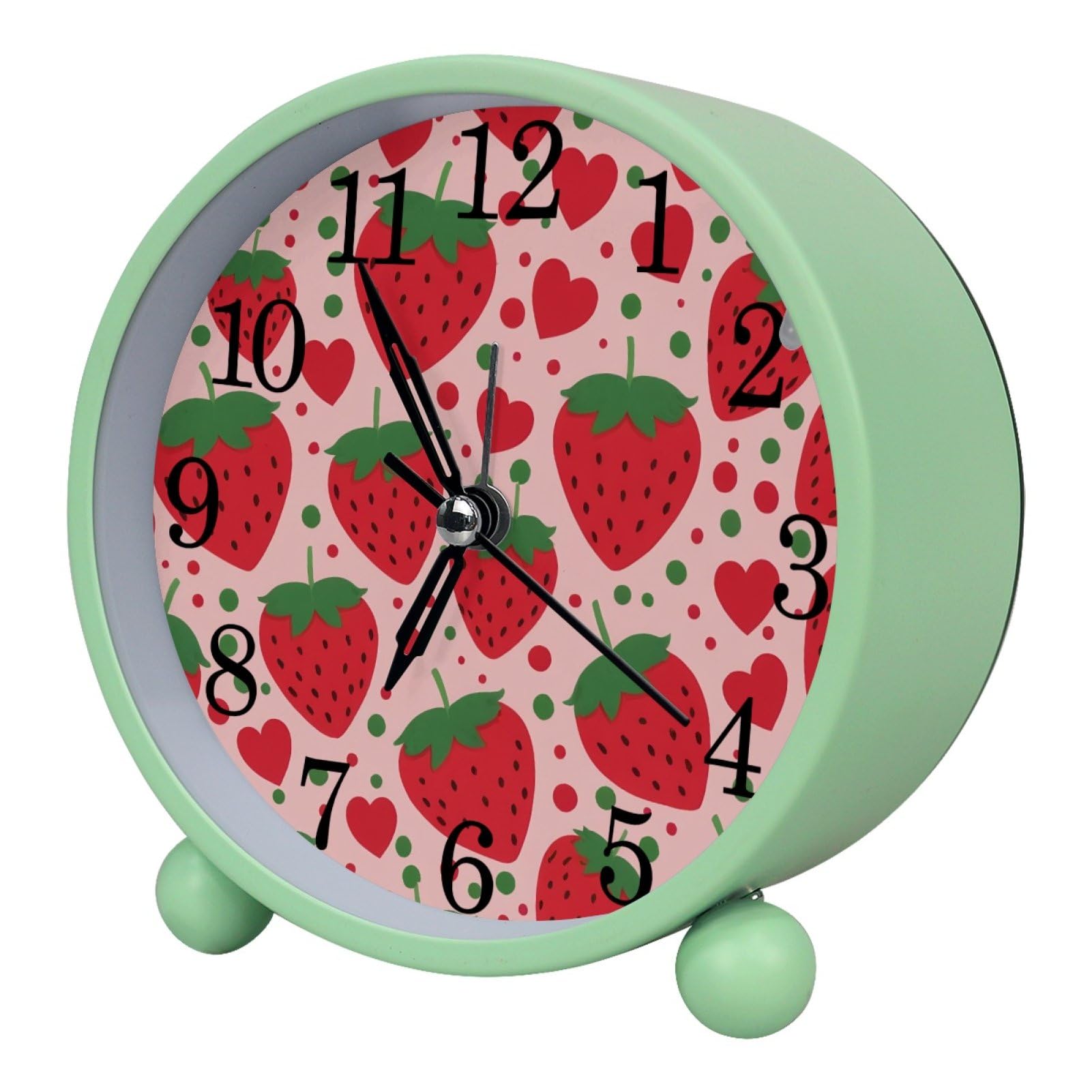 etoenbrc Pink Strawberry Pattern Round Battery Operated Bedside Alarm Clock Non-Ticking Desktop Silent Analog Alarm Clock with Light