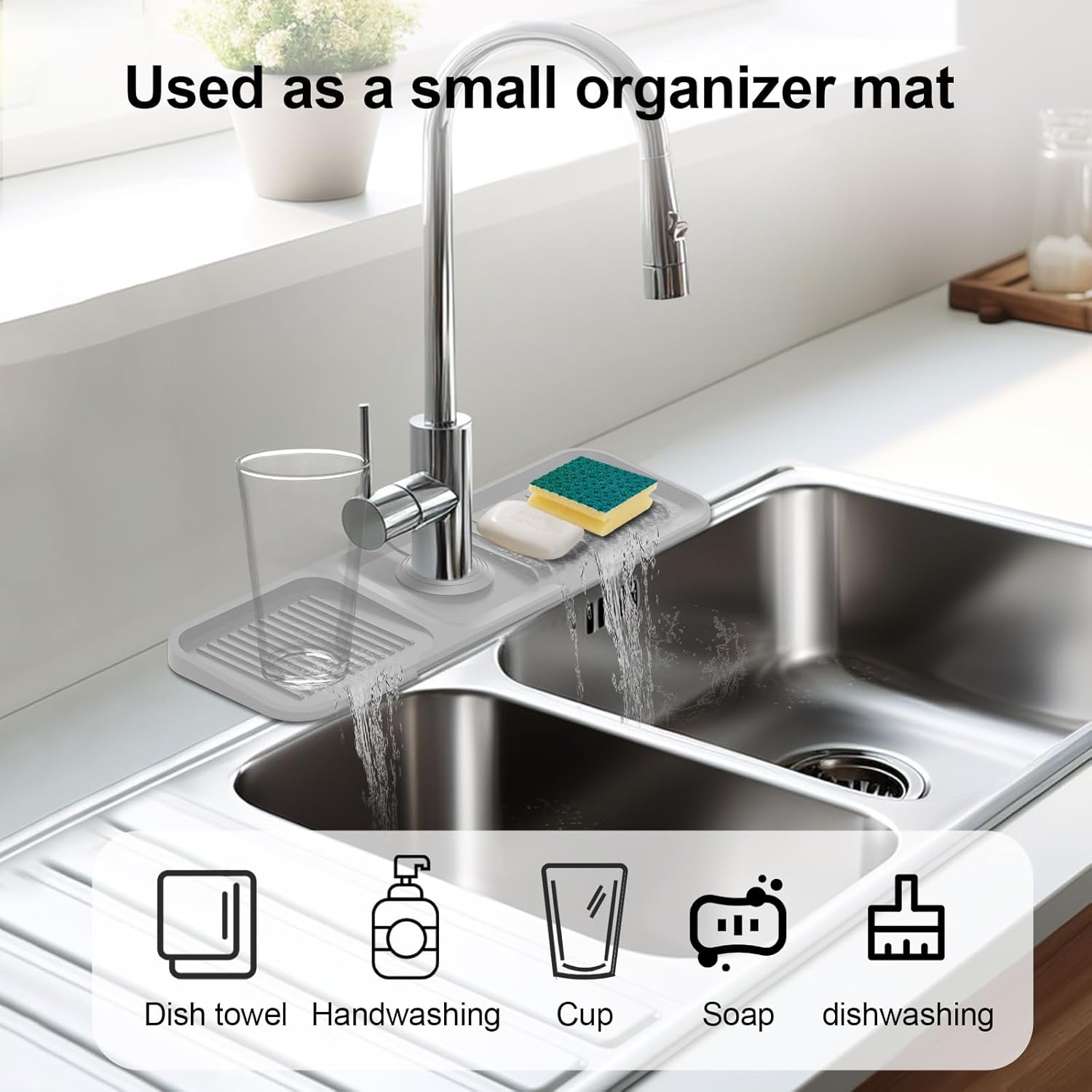 17.7 Inch Silicone Faucet Mat for Kitchen Sink, 5°Slope Fast Draining Kitchen Sink Splash Guard Behind Faucet, Tidy Splash Guard for Kitchen Sink Area Bathroom Faucet Draining Mat (Gray)