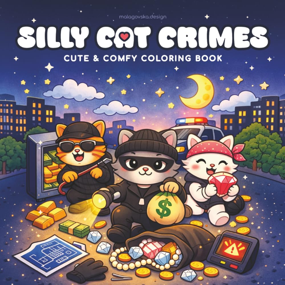 Silly Cat Crimes: Funny and Cute Cat Coloring Book for Adults & Teens Featuring Mischievous Cats, Silly Adventures and Relaxing Stress Relief Designs: ... Playful Heists and Cozy Nighttime Adventures