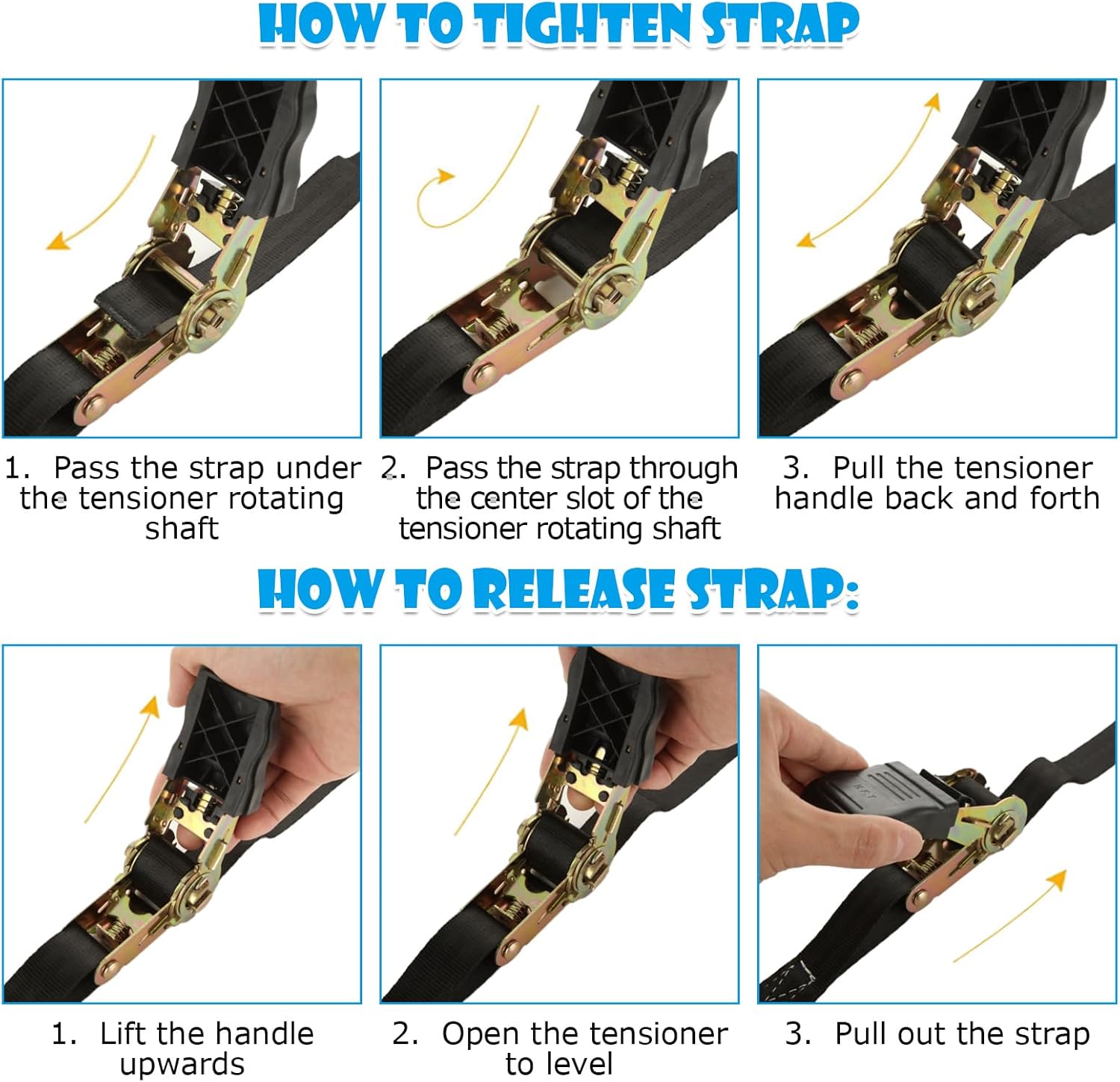 4pc 1in Ratchet Straps - Heavy Duty 20ft Tie Downs with Hooks, Black Ratcheting Straps for Motorcycle & Trucks - 2645 LBS Strength - Image 6