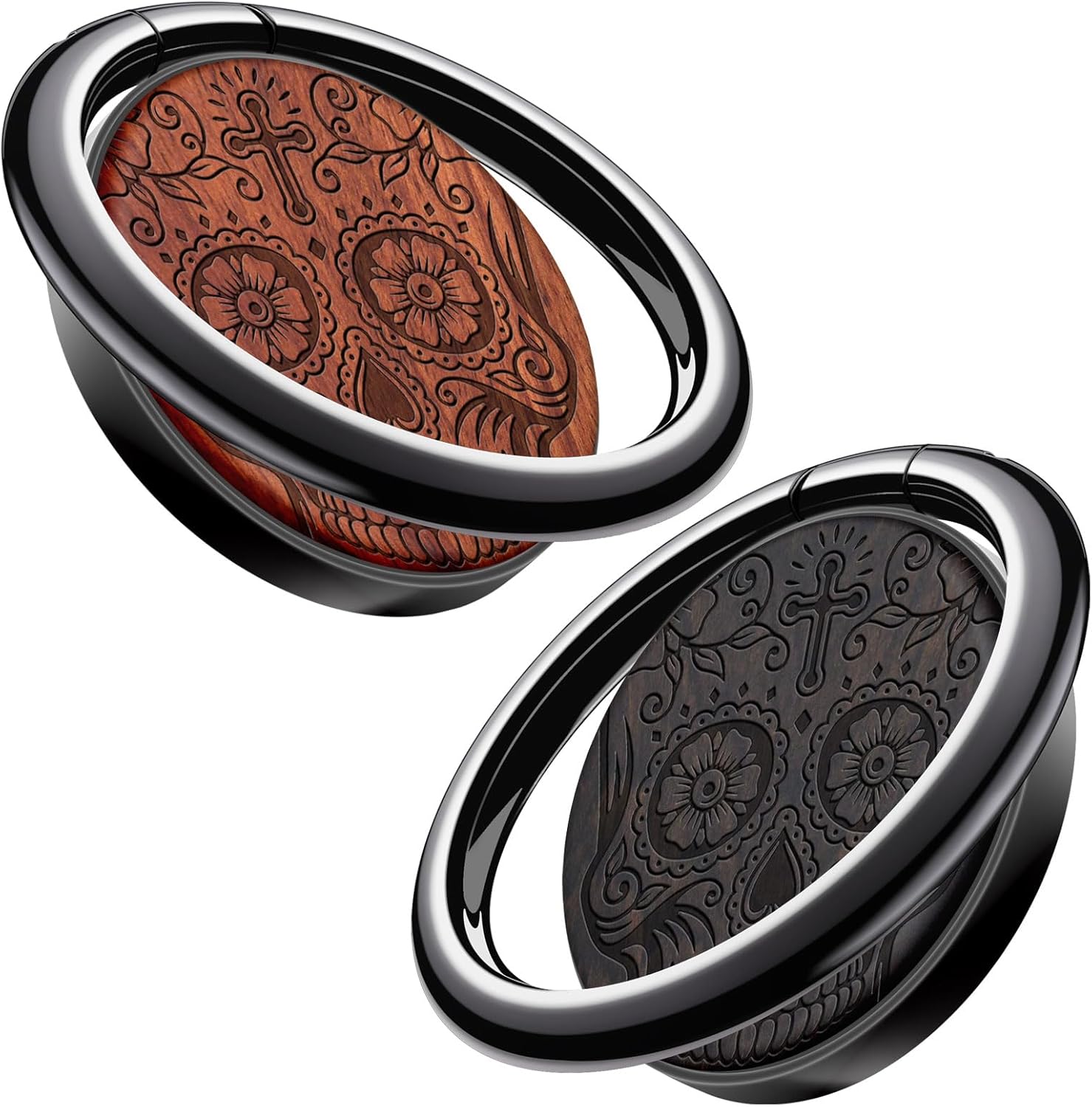 Carveit Wooden Phone Ring Holder Finger Stand Metal Grip Hook Phone Kickstand Compatible with S24 Ultra S23 iPhone 16 Pro Max 13 14 15 Pixel 9-Blackwood+Redwood/Black/Sugar Skull [2 Pack]