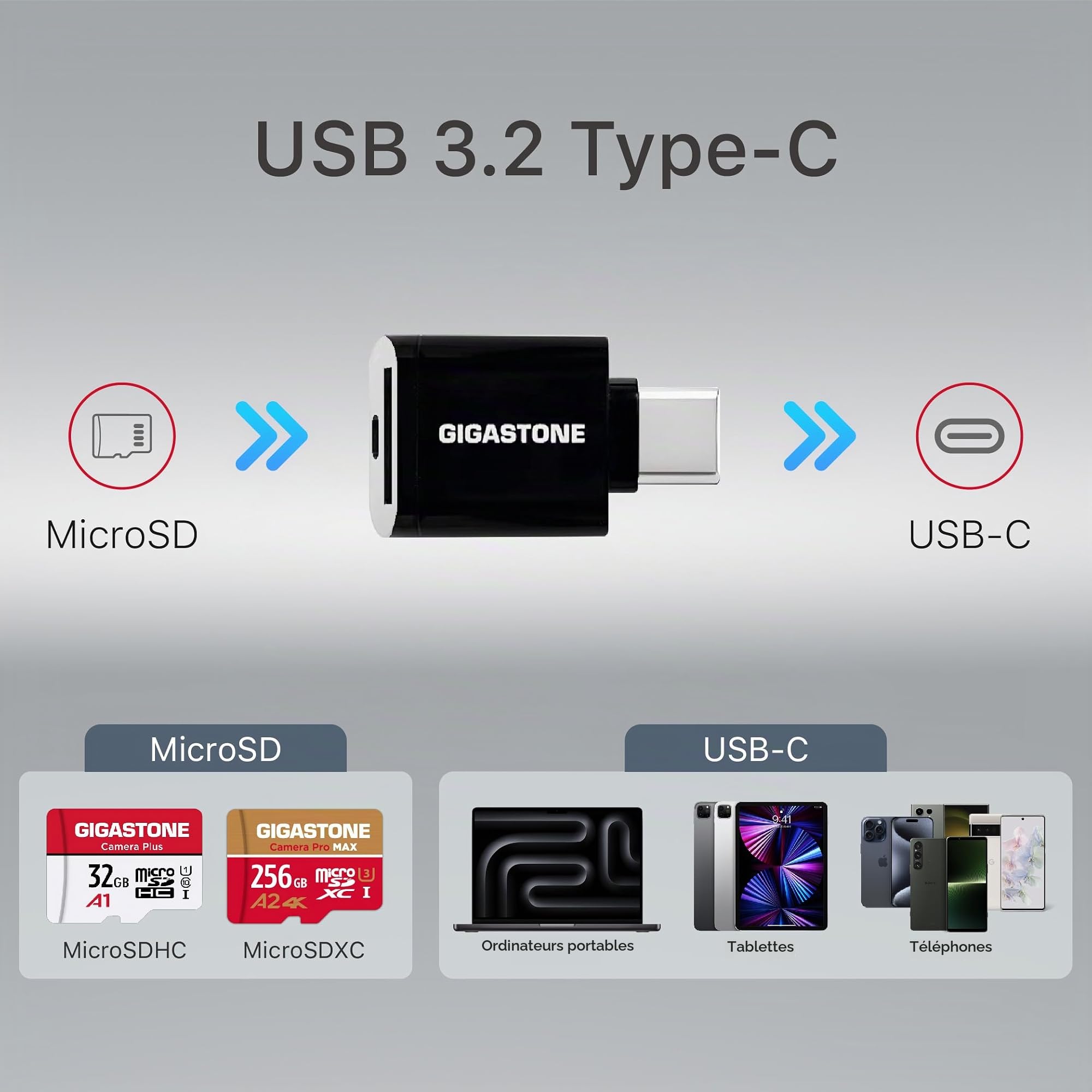 [5 Ans Récupération de données Gratuite] GIGASTONE Carte Mémoire MicroSDXC 256 Go avec USB 3.2 Type C Lecteur de Carte, Camera Pro Max, Vitesse jusqu'à 170/140 Mo/s, pour GoPro, DJI, Drone, 4K A2 V30
