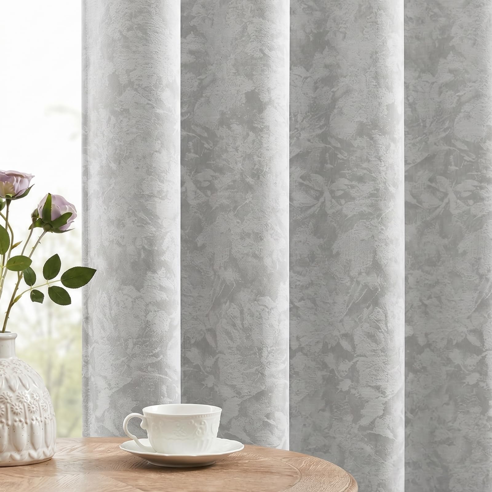 Gazal Vole Light Grey Floral Curtains for Living Room, 85-95% Room Darkening Eyelet Window Drapes, 118 inch Drop, 2 Panels, Printed Jacquard-Effect Curtains for Bedroom & Office, Thermal Insulated
