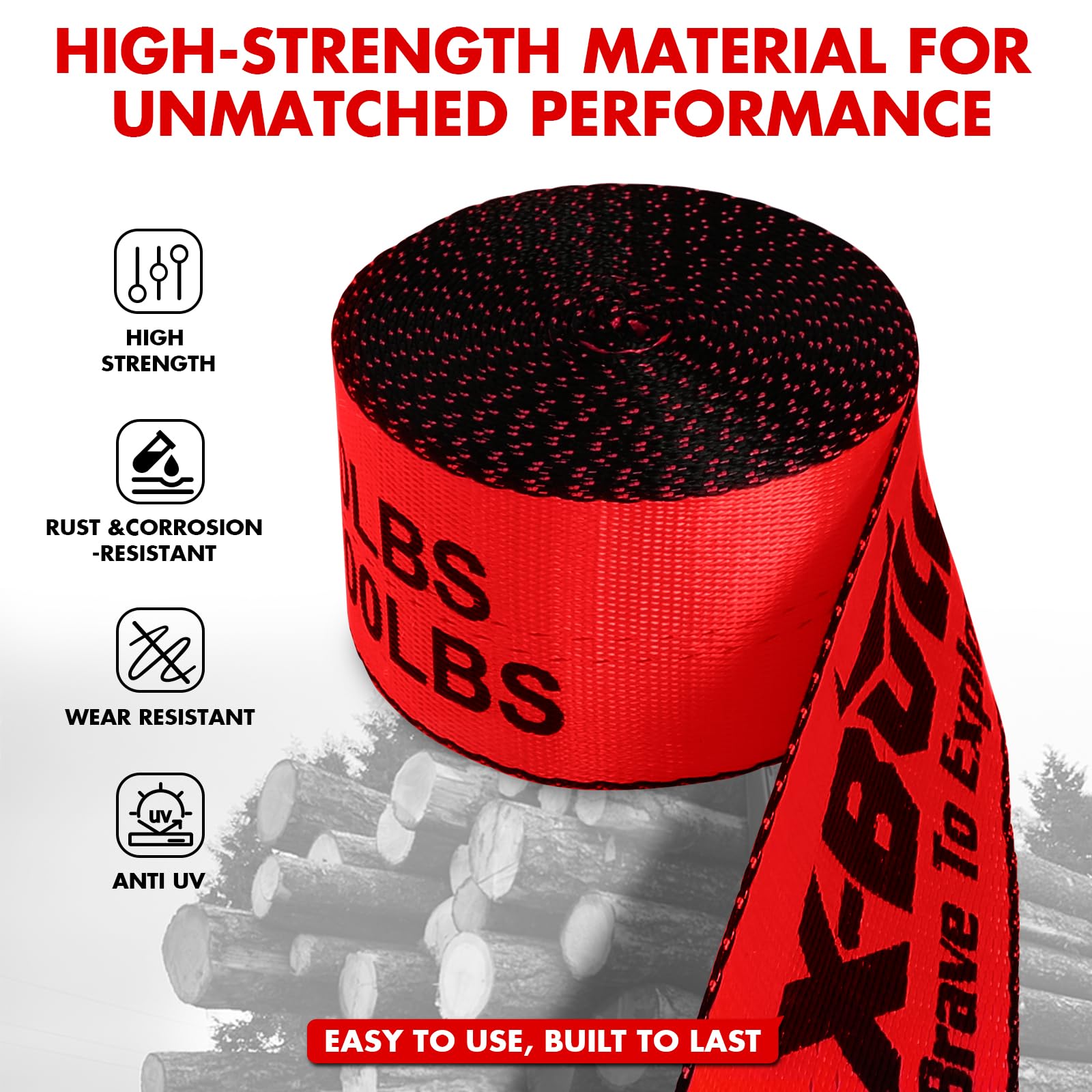 X-BULL Cinghie per verricello da 10,2 cm x 7,6 m, resistenza alla rottura di 8,2 kg, peso massimo 2721,6 kg, resistenti cinghie per rimorchi a pianale piatto, camion, salva-alberi, colore rosso