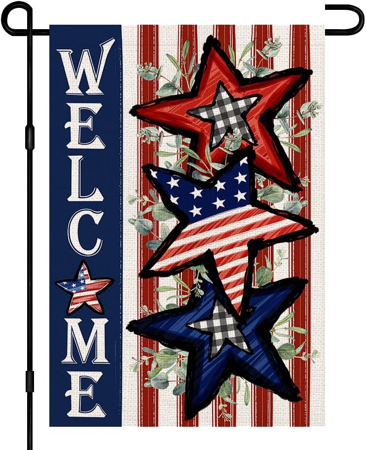 Independence Day 4th of July Garden Flag Burlap 12x18 Inch Double Sided, Patriotic American Stars and Stripes Yard Outdoor Decor DF304