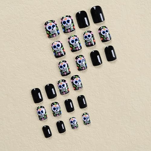 Miniatura 4 de Uñas postizas a presión de Halloween, cortas ovaladas, con bonito diseño de calavera, uñas con pegamento, color negro brillante, cobertura completa,