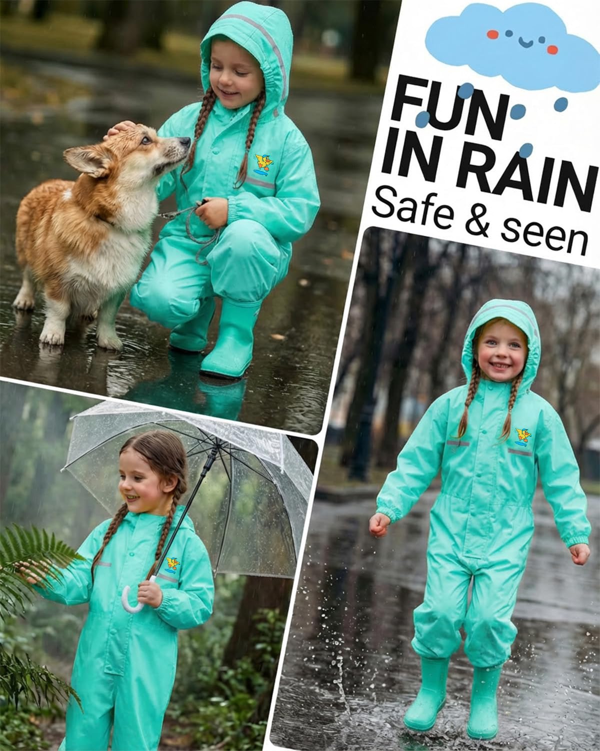 JiAmy Combinaison imperméable pour fille et enfant, imperméable à l'eau pour fille avec capuche et rayures réfléchissantes, vêtements de pluie pour l'école et le jeu vert pour 10-12 ans
