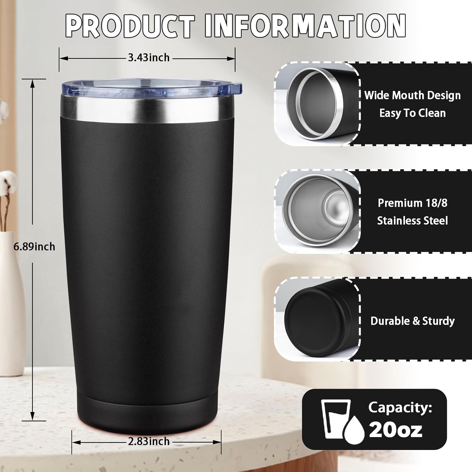 20 oz Tumbler with Lids and Straws, Stainless Steel Insulated Coffee Tumbler, Double Wall Vacuum Insulated Travel Mug Cup, Leakproof Thermal Coffee Cup for Hot and Cold Drinks (black) - Image 2