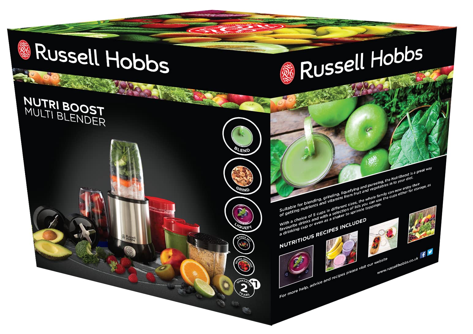 Russell Hobbs Blender [Multifonction: mixeur & moulin] NutriBoost (700W, 5 bols+couvercle sans BPA & 15 accessoires comp. lave-vaisselle incl., 22.000 tr/min, soupe, smoothie, épices & plus) 23180-56