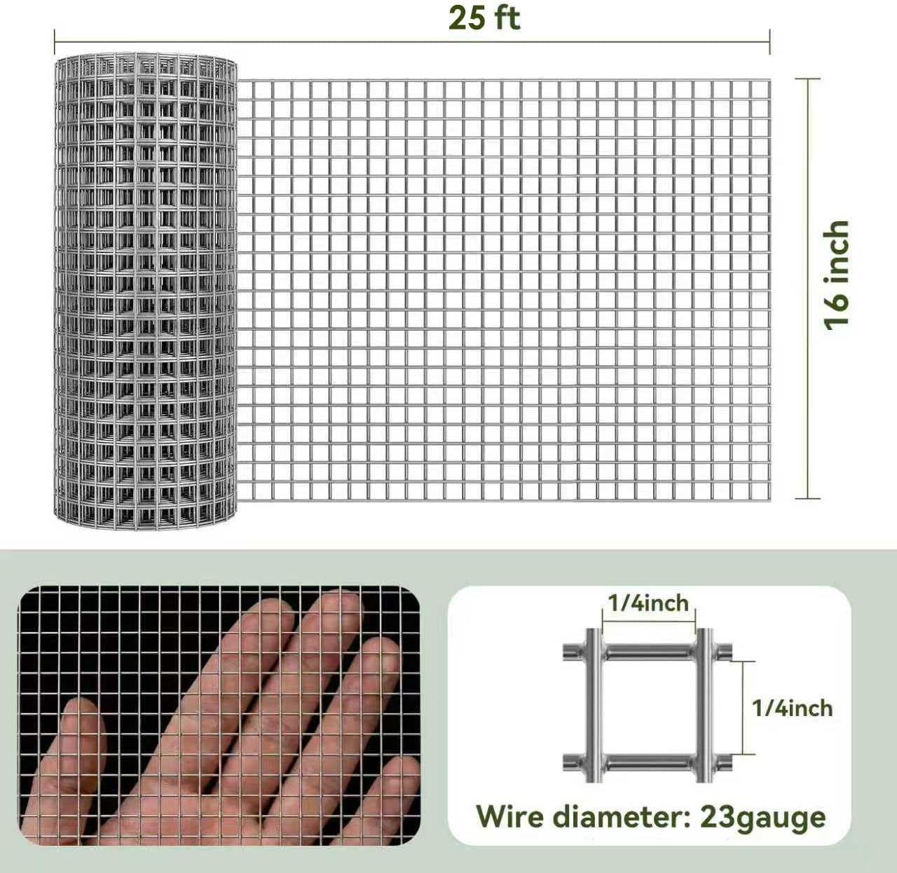 AMAGABELI GARDEN & HOME Hardware Cloth 1/4 inch 16inx25ft Galvanized After Welding 23 Gauge Square Chicken Wire Fence Mesh Roll Raised Garden Bed Plant Supports Poultry Netting Cage Snake Fence