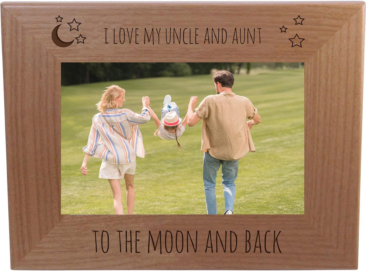 CustomGiftsNow I Love My Uncle Aunt to The Moon and Back - Engraved Natural Alder Wood Hanging/Tabletop Picture Memory Family Memorial Photo Real Wooden Frame