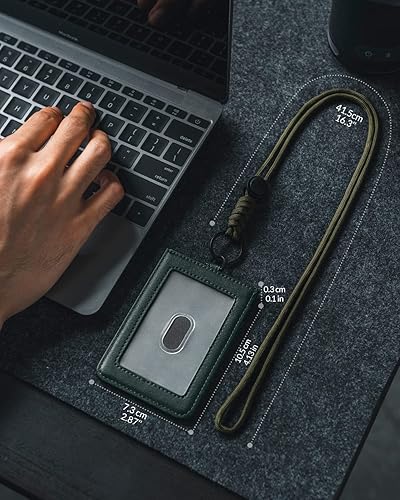 Miniatura 6 de VULKIT Soporte para tarjetas de identificación con cordón para mujeres y hombres, soporte vertical de cuero con ranura transparente para tarjeta de