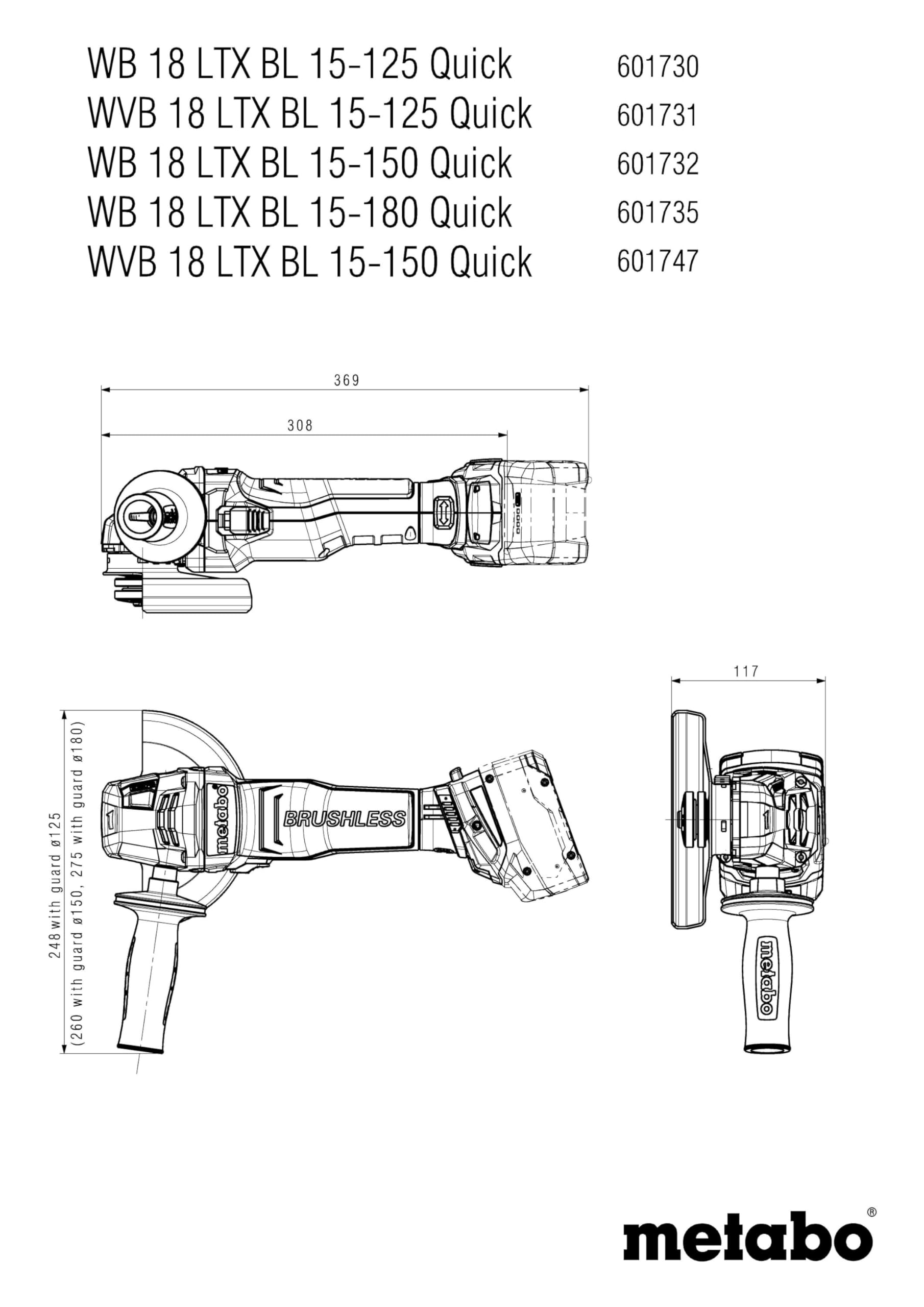 WB 18 LTX BL 15-125 Quick (601730840) Amoladora angular de batería