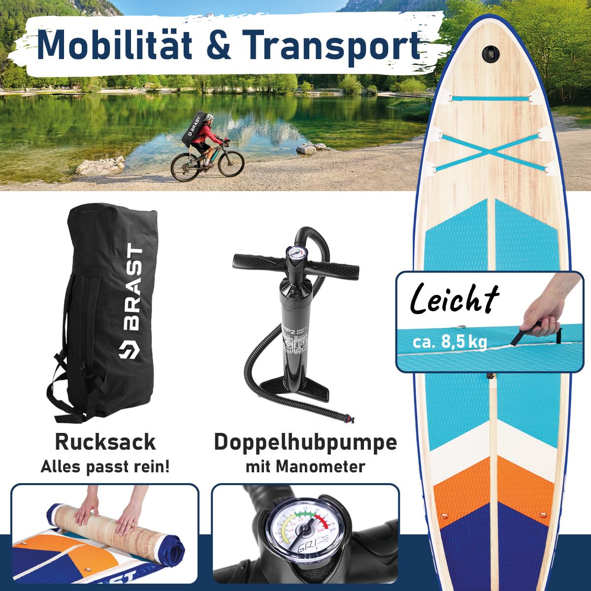 BRAST SUP Board Wood | Aufblasbares Stand up Paddle Set | 320x81x15cm | 2 Designs | 5 Jahre Garantie | inkl. Sonderzubehör | 2in1 Paddel Kajak-Sitz Action-Cam-Halterung Fußschlaufe