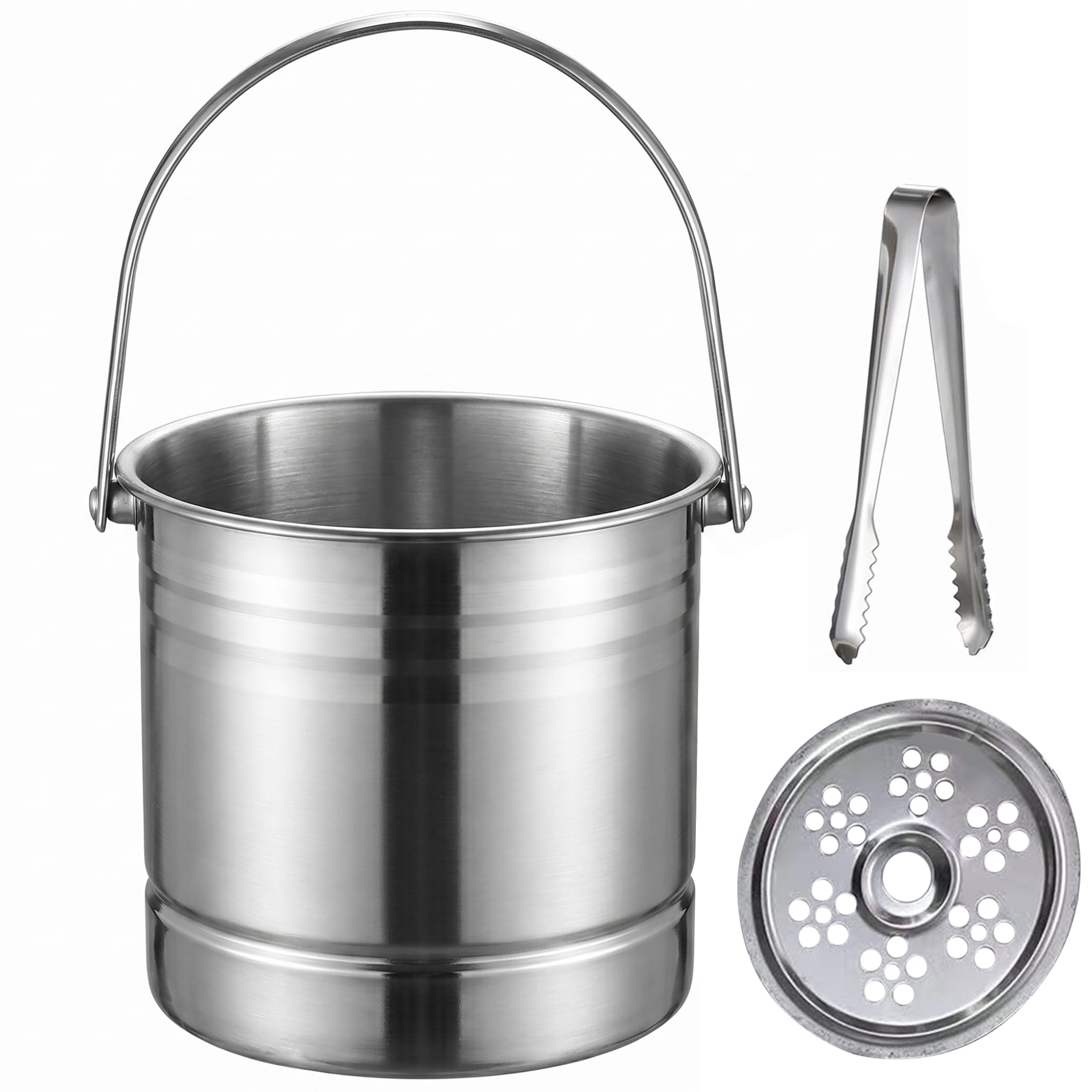 Gemuseeee Wine Bucket, 1.6L Stainless Steel Ice Bucket, Thickened Champagne Wine Chiller With Filter & Ice Tong, Portable Bar Accessory - Silver chiller, champagne, fo