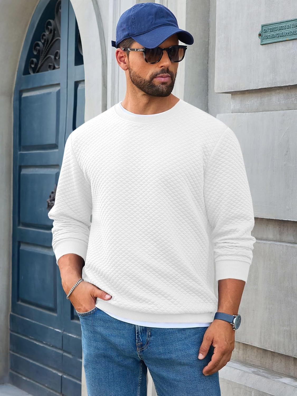 Runcati Mens Crewneck Sweatshirts Quilted Diamond Textured Pullover Long Sleeve Casual Fashion Sweatshirt - Image 2