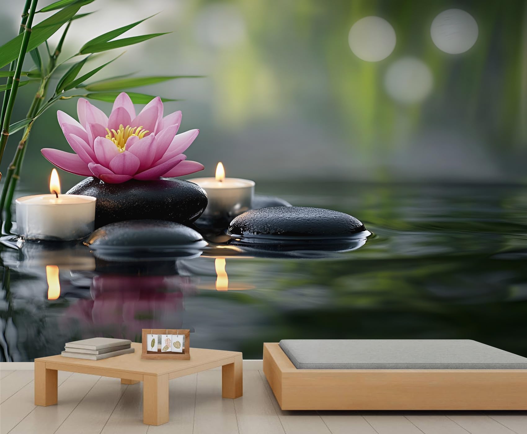 Zen Spa Wall Mural, Lotus Stone 3D Wallpaper, Zen Candlelight Wall Murals Wallpaper for Bedroom Living Room Office Background Decor (Non-self-Adhesive)