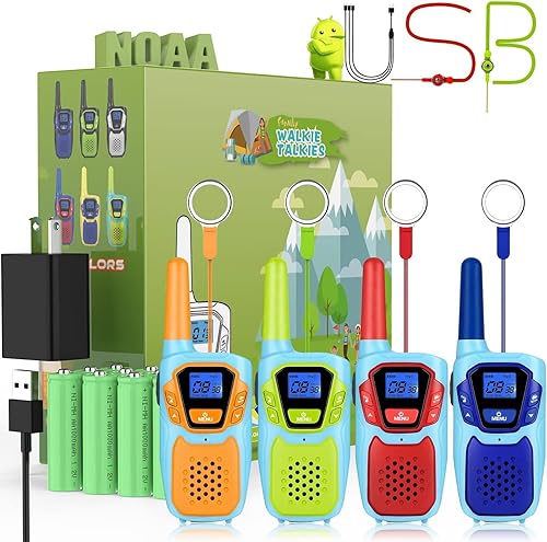 Walkie Talkies para niños y adultos de largo alcance recargable, paquete de 4, a prueba de caídas, radio de 2 vías, Walkie Talkies con cable USB
