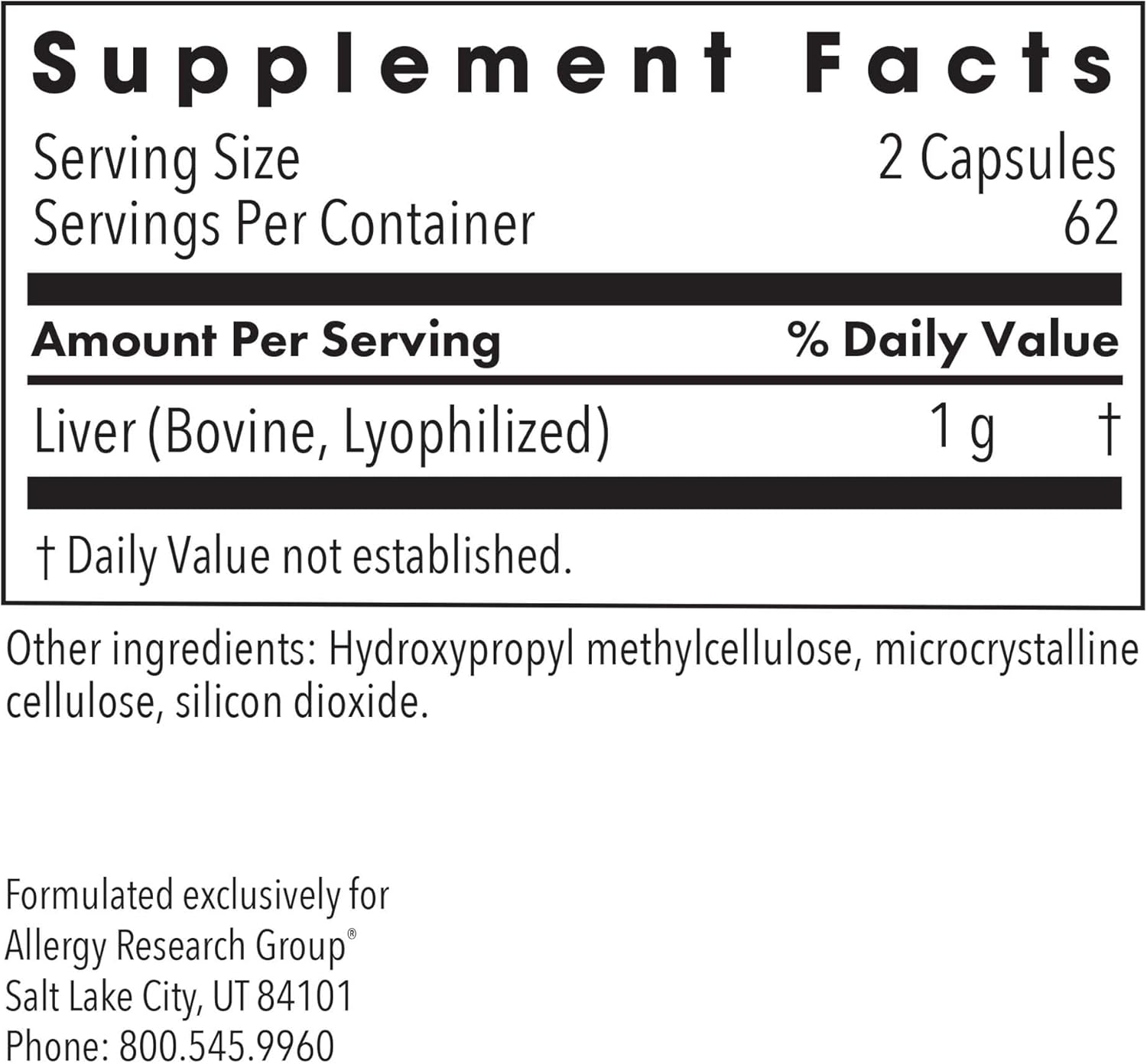 Allergy Research Group ARG Liver Beef Natural Glandular - 1000 mg Bovine Liver - Supports Liver Function - Hypoallergenic Formula - 62 Servings - 125 Count