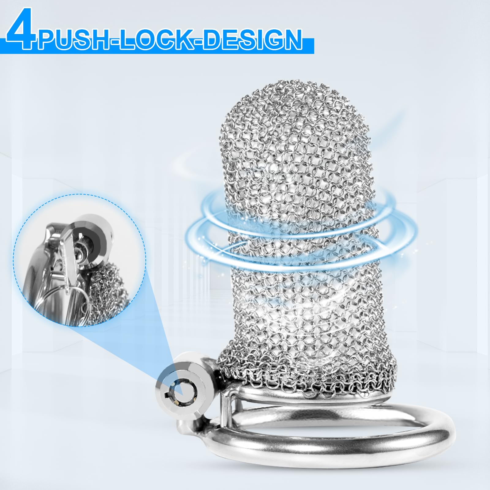 Cock Cage Push-Lock avec 3 anneaux péniens Métal Mesh Cage de chasteté Hommes avec serrure cachée Design BDSM Esclave Sex toys pour hommes Chasteté (Large)