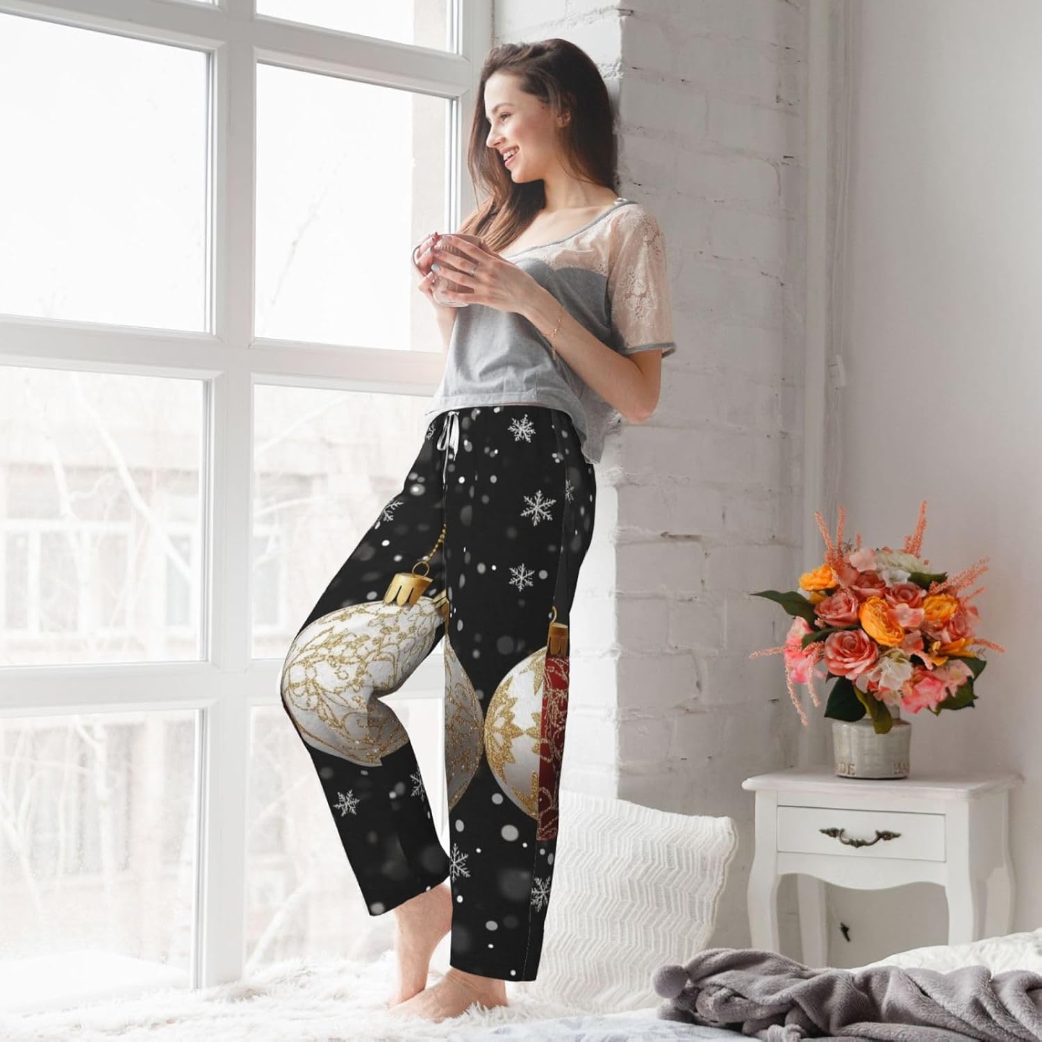 Women'S Glittering-Christmas-Ornament Fleece Pajama Pants, Cozy Flannel Lounge Bottoms For Women