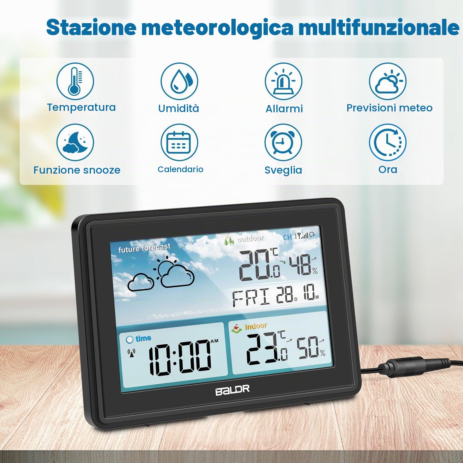 Stazione meteo radio con sensore esterno, termometro interno esterno, igrometro con previsioni meteorologiche, display a colori, orologio radio DCF con sveglia, allarme temperatura, da