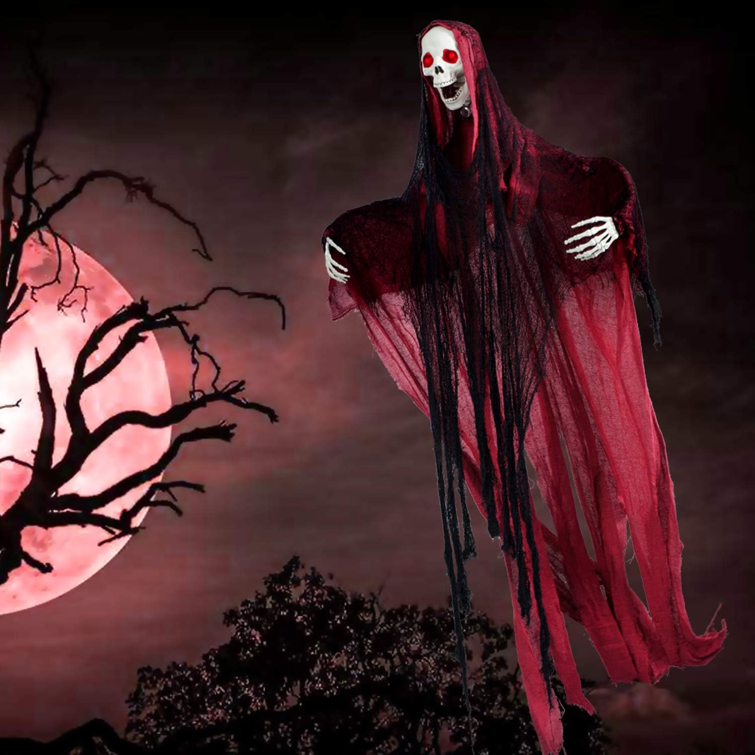 5.6 Ft. Animated Hanging Screaming Ghost Decoration, Halloween Skeleton Grim Reaper Door or Wall Curtain for Haunted House Prop Décor