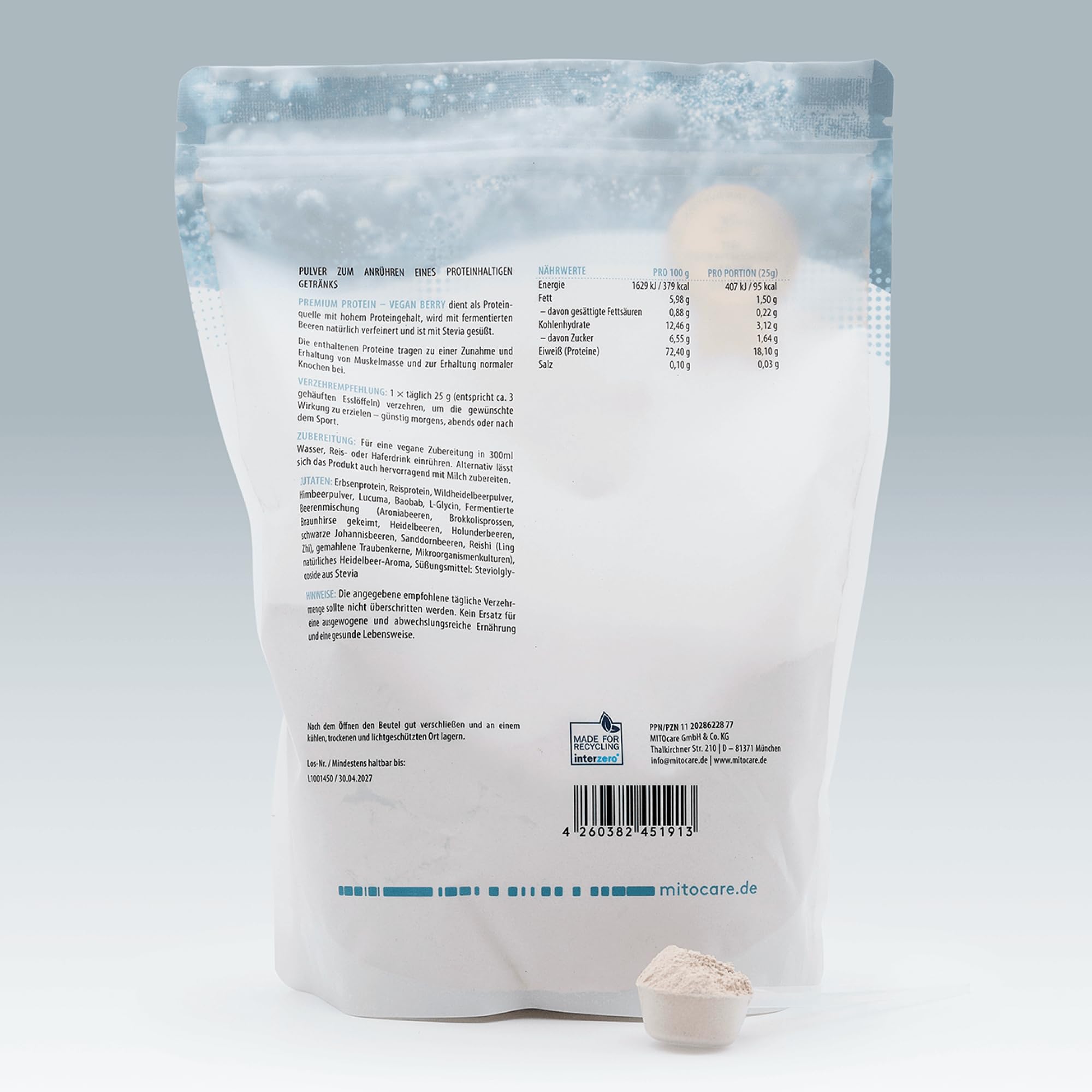 MITOcare Premium Protein Shake - Eiweiss Protein pulver mit Reisprotein & Erbsenprotein -18 g Protein pro Portion - Vegan Berry - 1 Monatspackung 750 g - vegan & Produziert in Deutschland