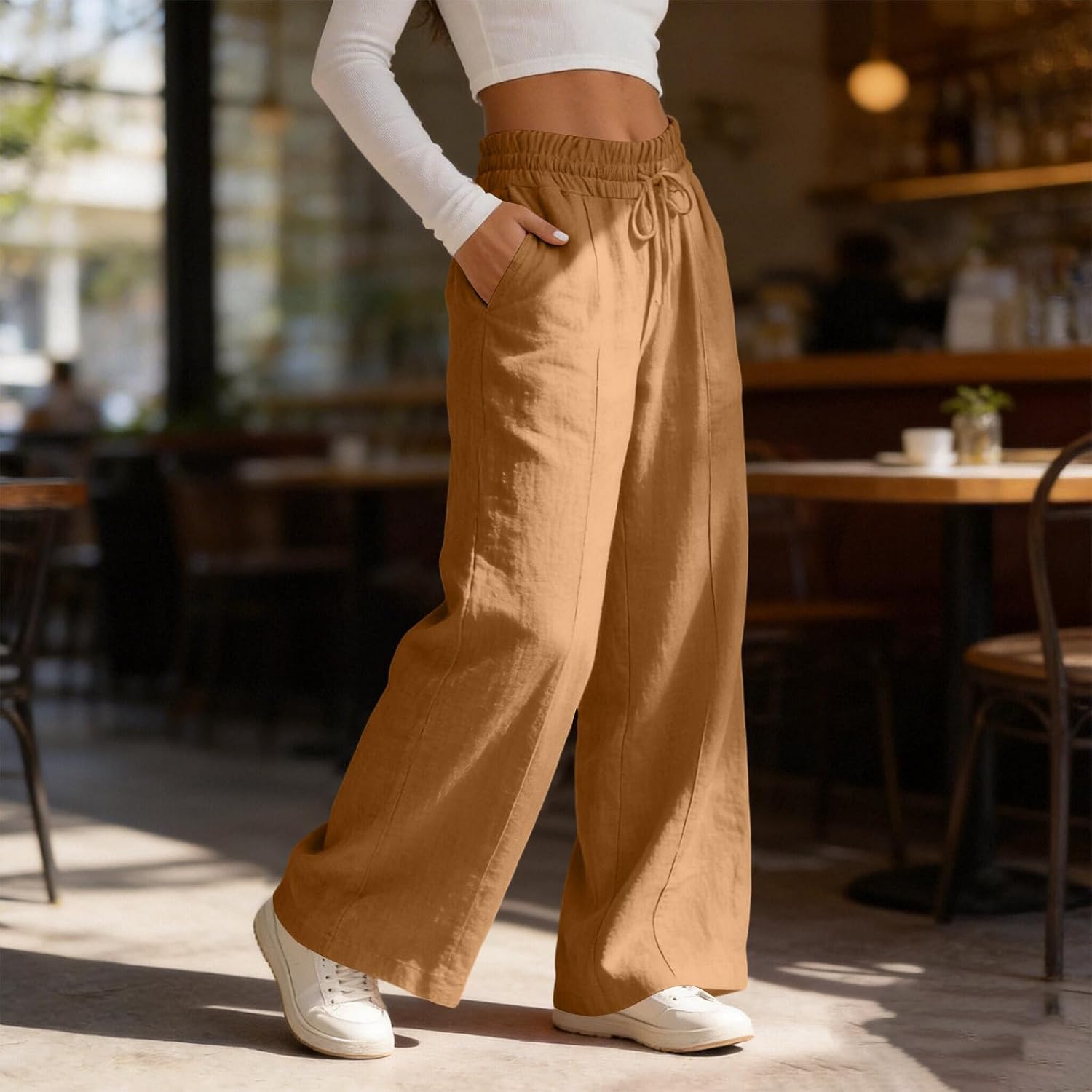 Women's Cotton Linen Pants Summer Straight Wide Leg Trousers Drawstring Elastic Waist Loose Beach Vacation Outfits