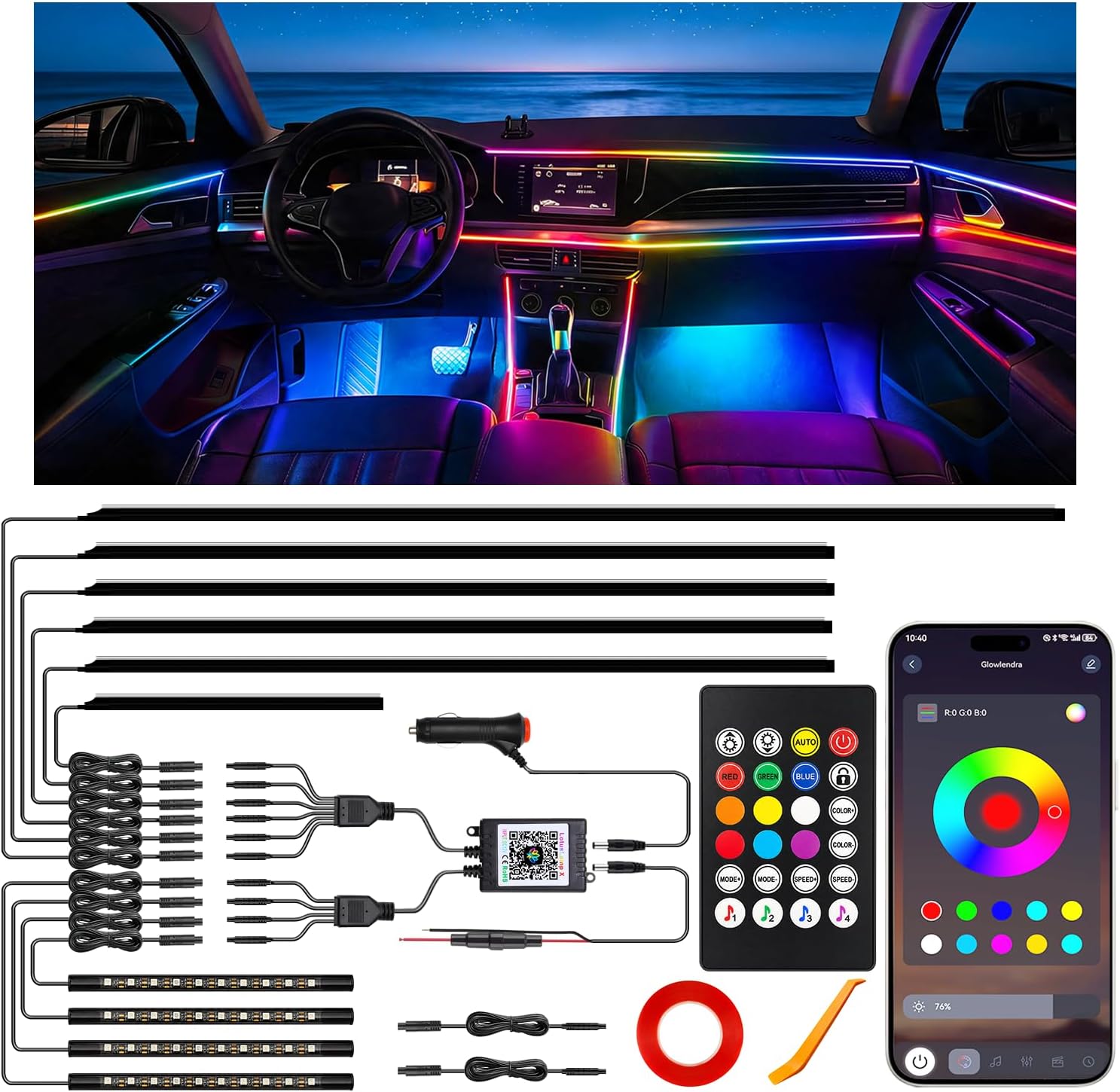 Car LED Strip Lights, Interior Acrylic LED Lights for Car with Dynamic Rainbow Dream Color Chasing, Ambient Lighting Kits Music Sync (10 in 1(4 * 29.5