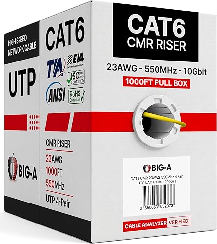 Miniatura 12 de Big-A - Cable Cat6 a granel de 1000 pies, 23 AWG, sólido, 4 pares, cable Ethernet Cat 6 sin blindaje (UTP), cable de Internet de 550 MHz, caja