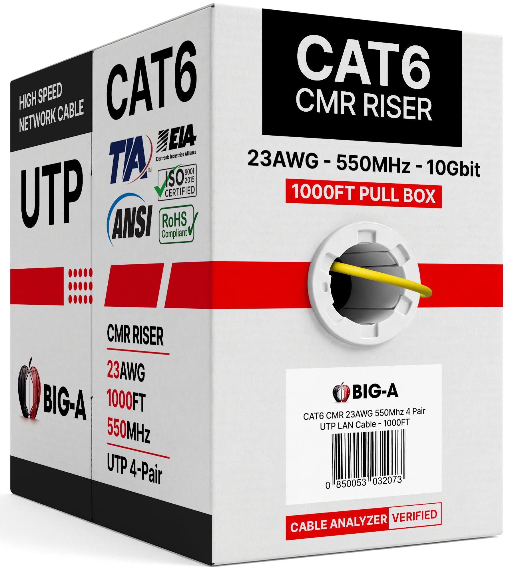 Big-A Cavo Ethernet Cat 6 304,8 m giallo, cavo Bulk Cat6, 23AWG Solido UTP CMR Riser, Cavo LAN Internet di rete 550 MHz, Pull Box