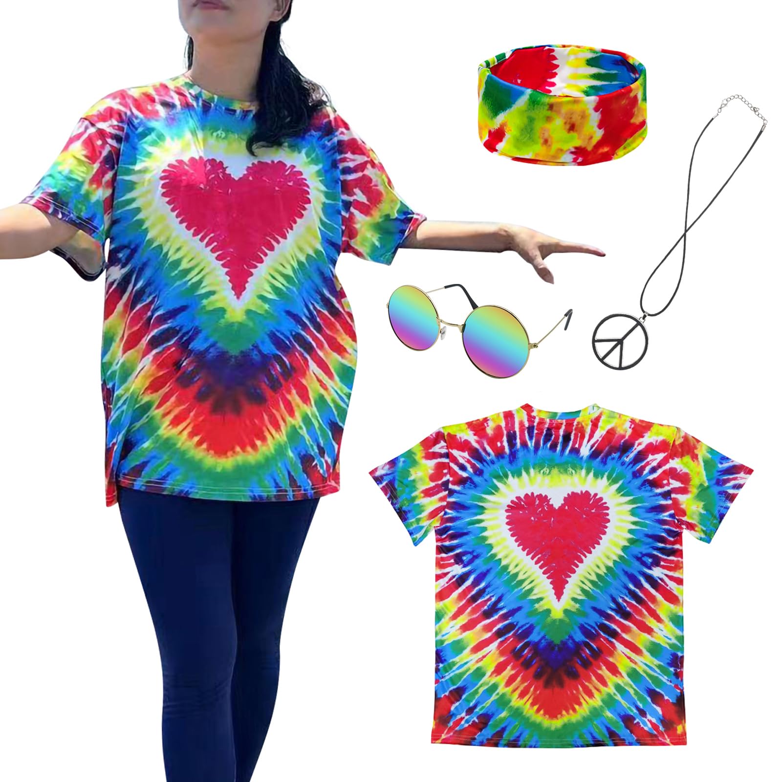 XonyiCos Hippie Costume for Men and Women, 60s and 70s, Colorful T-Shirt, Sunglasses, Headband, Peace Necklace, 4-Piece Set for Theme Party โ image 1