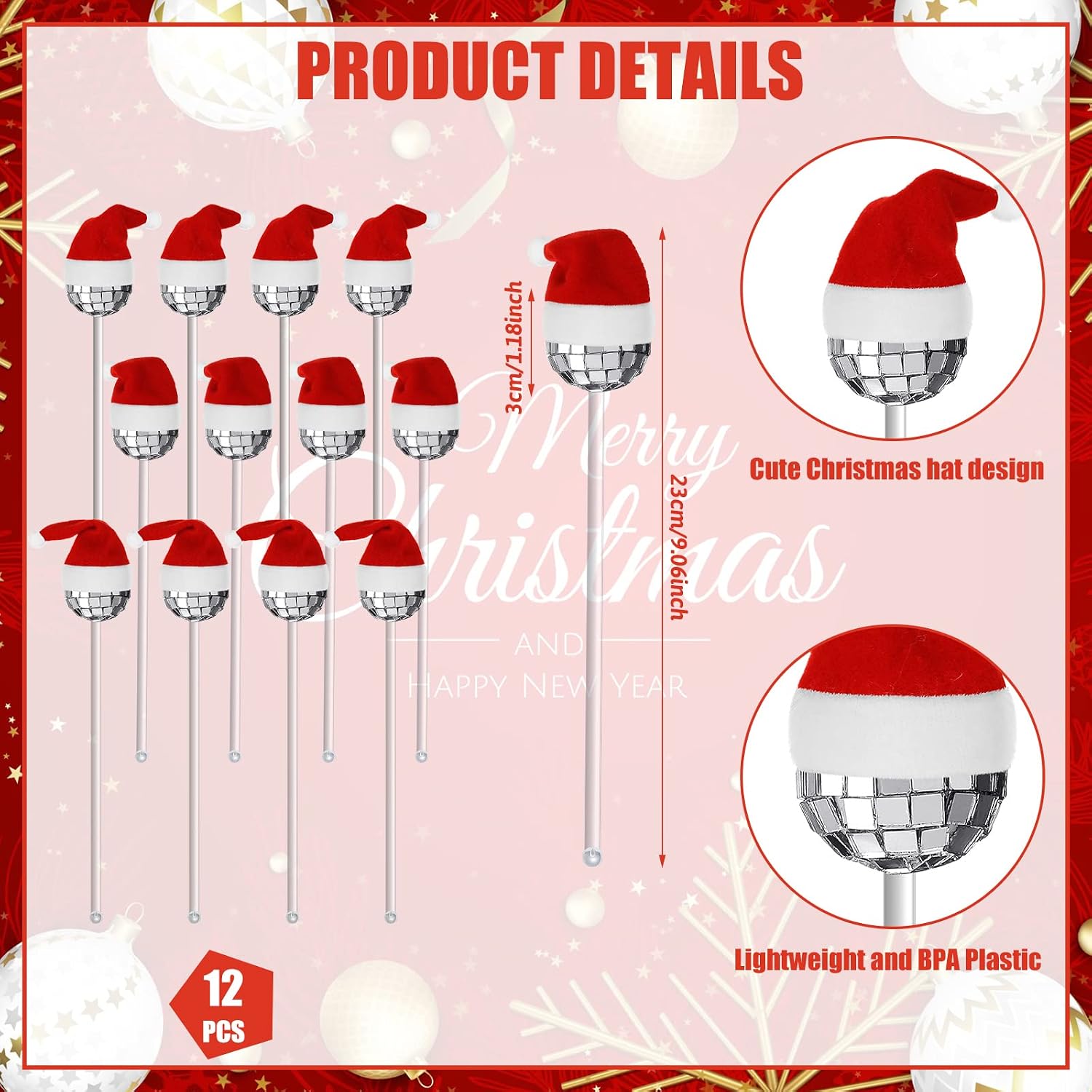 12 Pcs Christmas Mirror Disco Ball Cocktail Stirrers Glass Swizzle Stick Disco Decorative Straws Plastic Round Top Swizzle Sticks Christmas Hat Drink Stirrers for Beverage Bar Coffee Shop