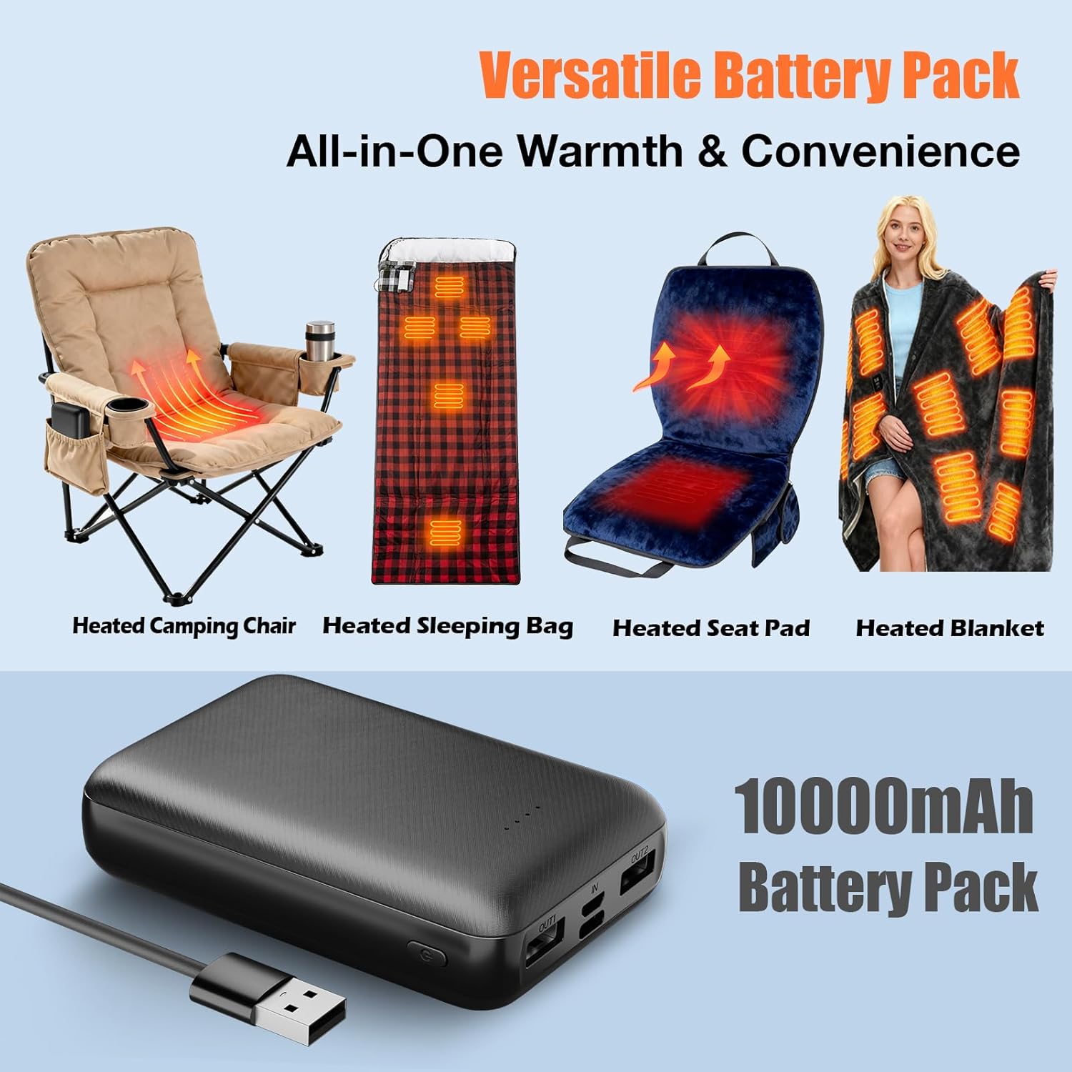 5V2A 10000mAh Battery Pack for Electric Heated Camping Chair, Heated Blanket, Heated Hunting Seat Pad, Heated Sleeping Bag USB Power Bank for Camping Work Battery Pack - Image 2