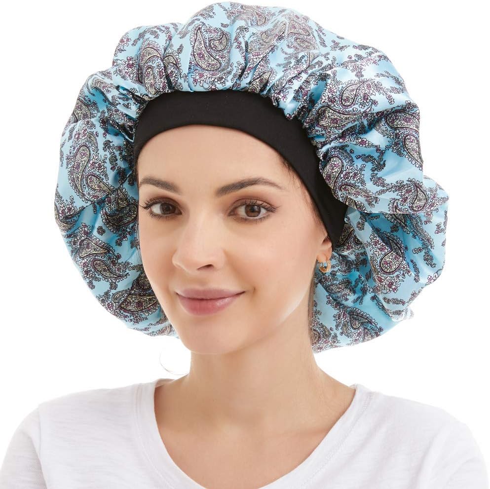 Large Satin Sleep Cap Silk Elastic Night Sleeping Hat Bonnet Nightcap Head Cover with Comfortable Wide Band for Women (FG-4)