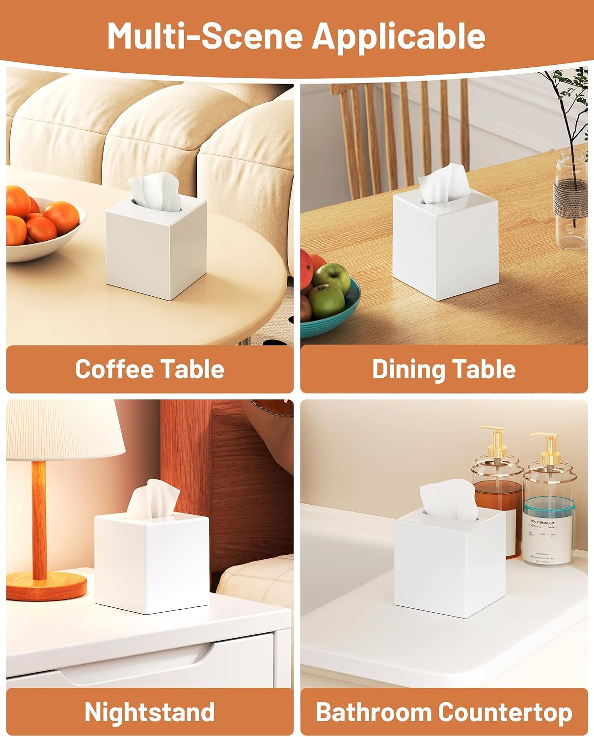 Tissue Box Cover, Square Plastic Tissue Box Holder with Anti Slip Base, Modern Decor Facial Napkin Holder for Bathroom Vanity Countertop, Bedroom Dresser, Night Stand, Parlors, Offices, White