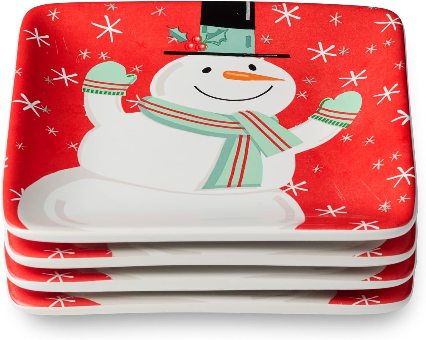 Christmas Whimsy Snowman Set of 4 Canape Plates – 6-Inch Square Ceramic Appetizer Plates Featuring Assorted Snowmen in Winter Attire – Holiday Party Ready – Microwave & Dishwasher Safe