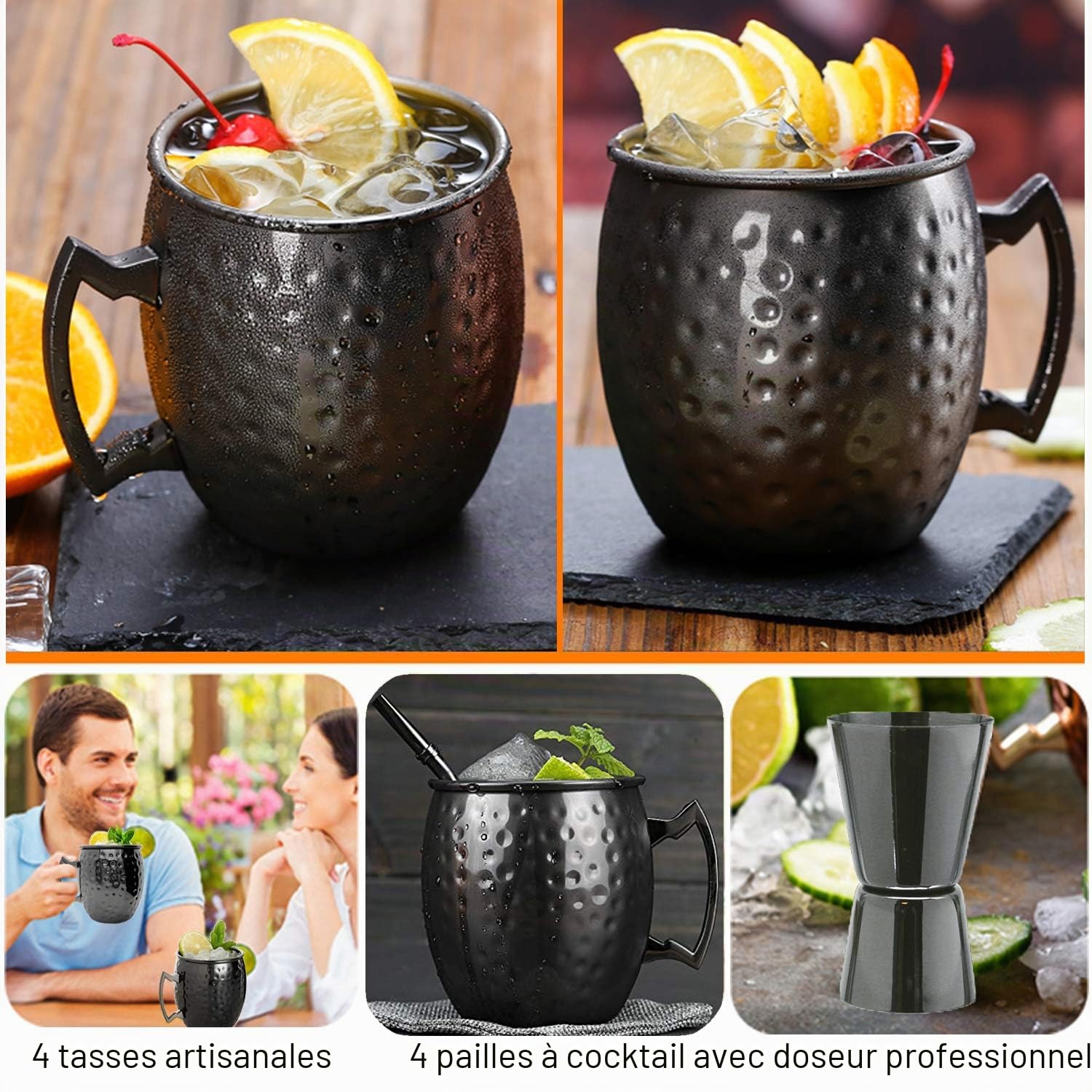 Moscow Mule Mug - Lot de 4 tasses avec double jigger en acier inoxydable plaqué noir 18 oz, parfait pour boisson froide 4 pièces noires.
