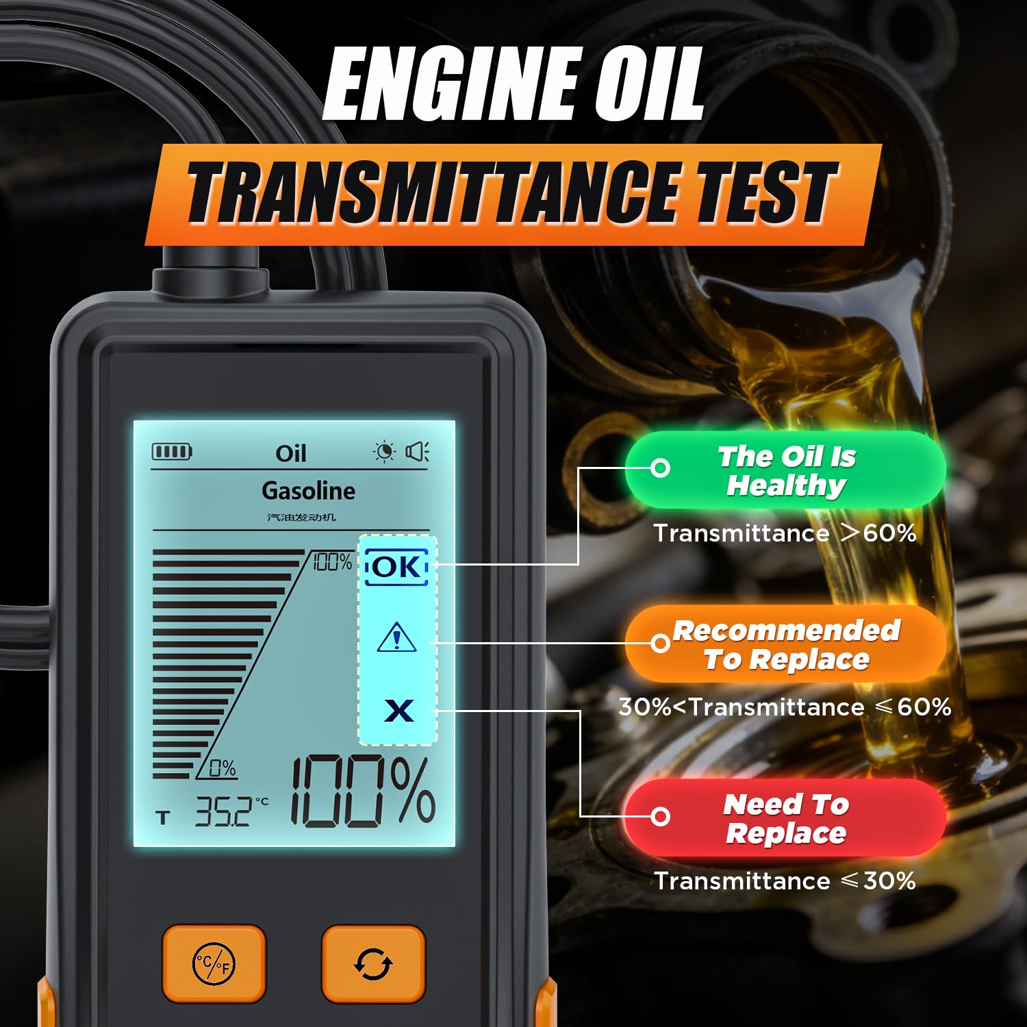 Probador de aceite de motor, probador de calidad de aceite de motor diésel y gasolina, sonda extendida de 50 pulgadas y respuesta rápida, analizador profesional de aceite de motor con pantalla LCD de