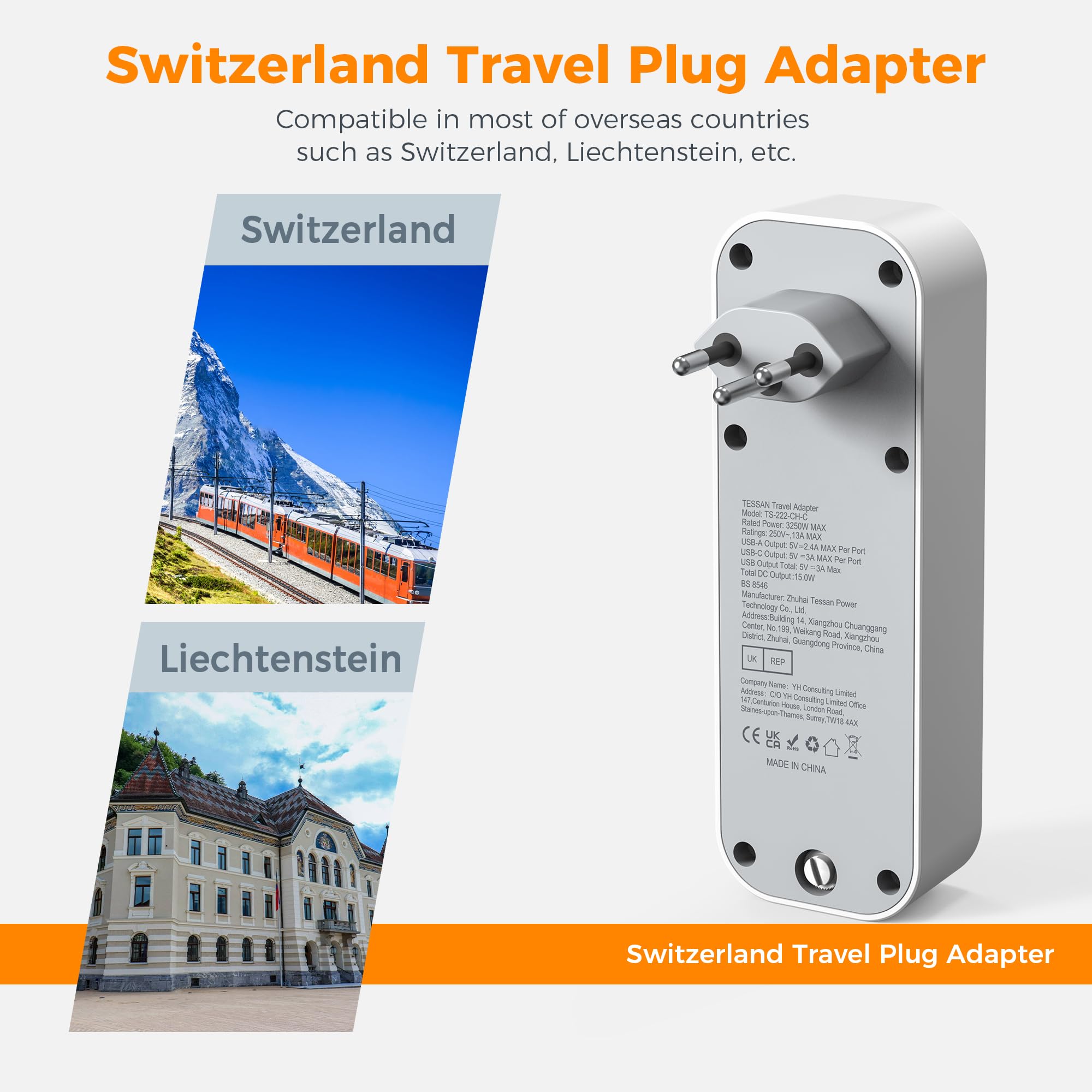 UK to Switzerland Plug Adapter, TESSAN Swiss Plug Adapter with 3 USB Ports (1 USB C), 2 Way Grounded Type J Travel Adaptor for Jordan, Liechtenstein, Madagascar, Rwanda — view 2